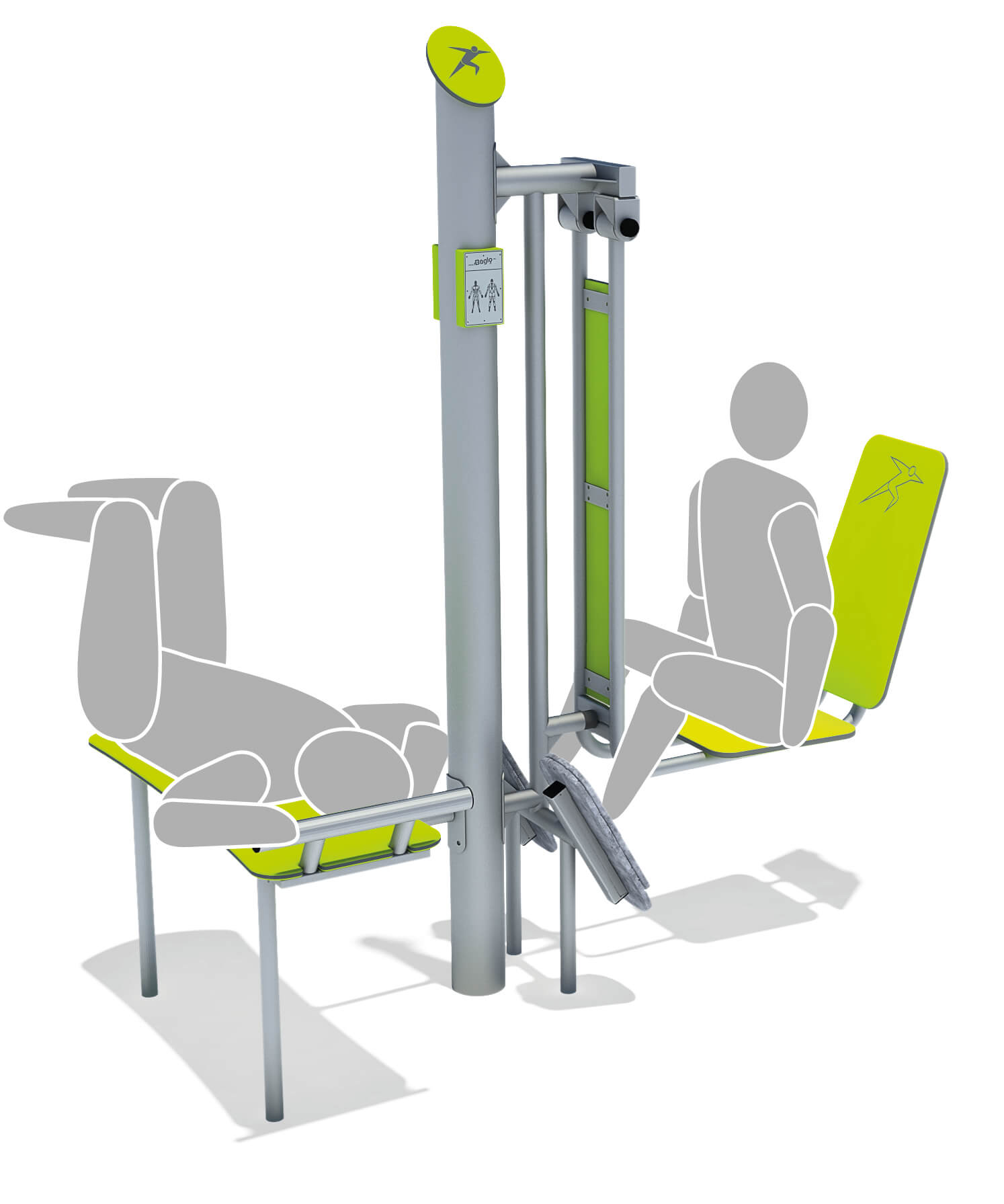 Sitztrainer für Fitness im Freien mit grünen Sitzflächen und Anleitungsschildern.
