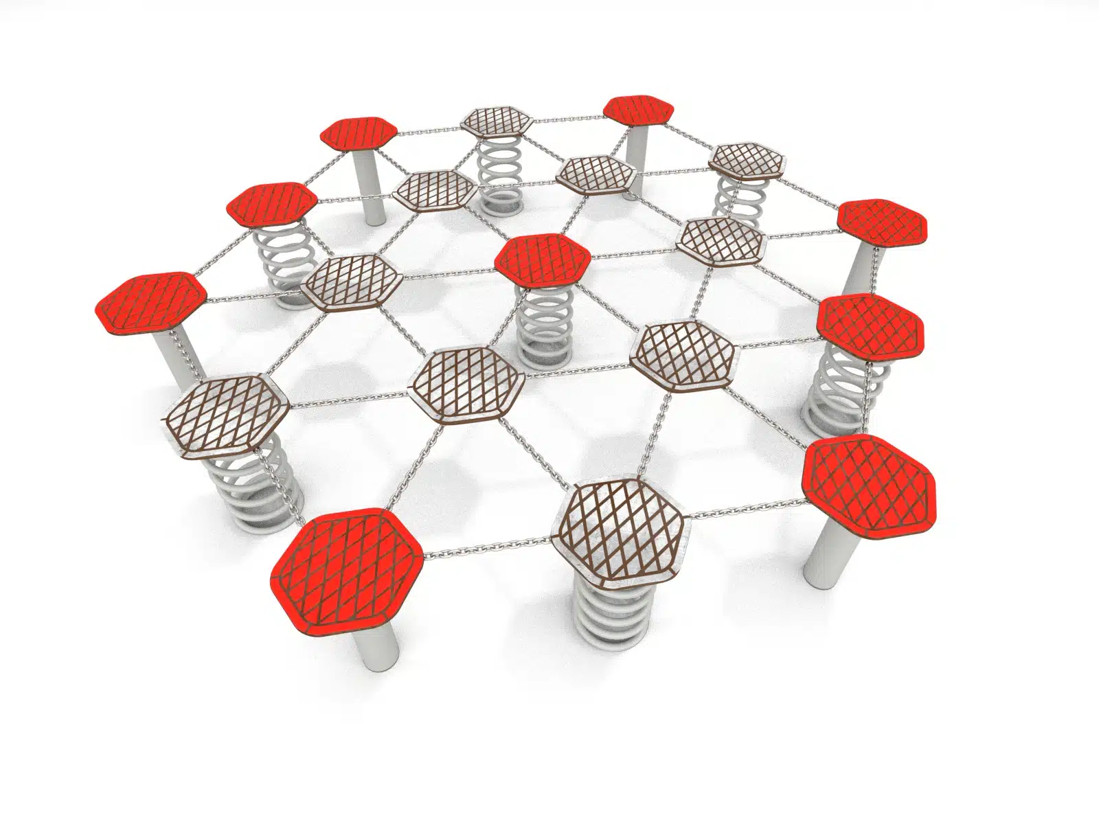 Interaktives Spielgerät mit roten und braunen Hexagonplatten auf Federn im Freien.