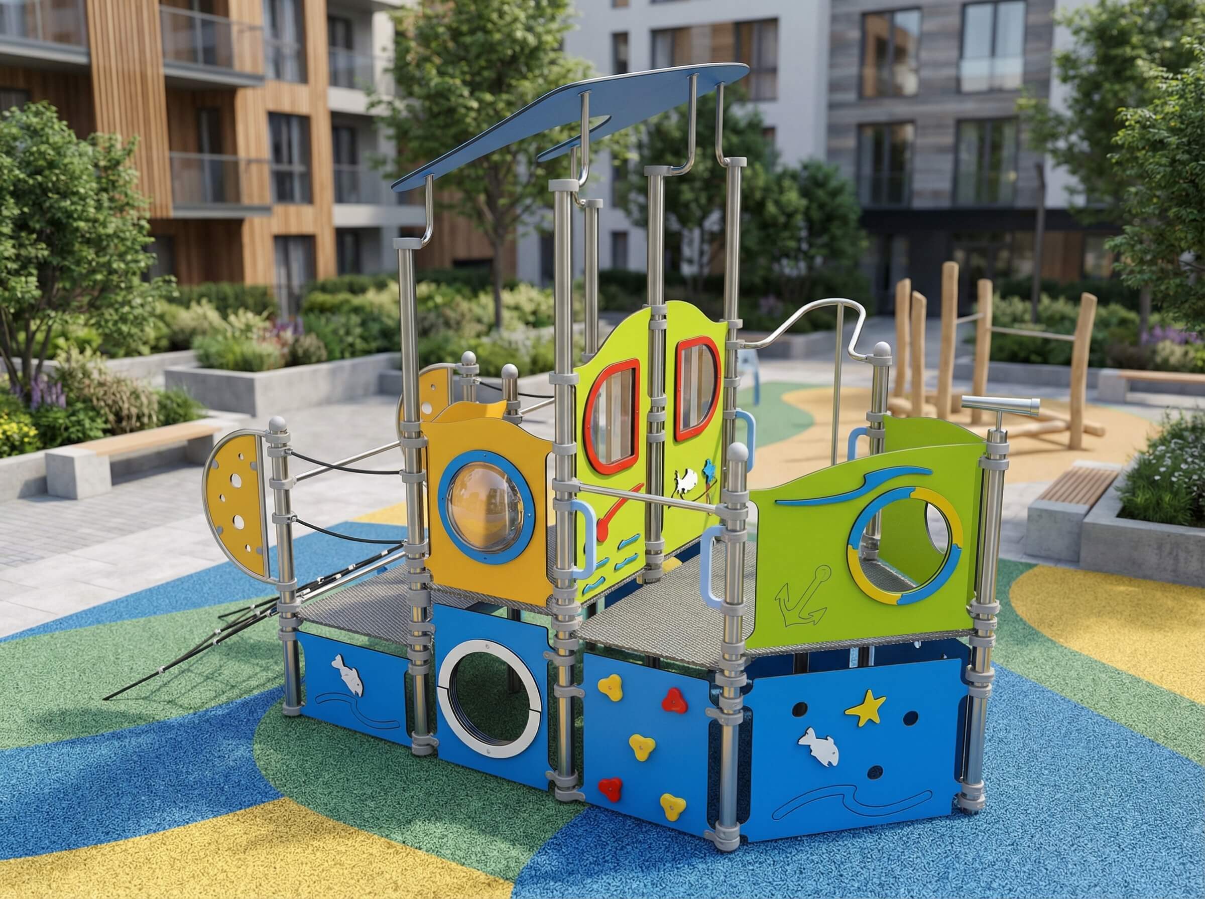 Bunte Spielburg im modernen Kinderspielplatz vor Wohnhäusern mit buntem Bodenbelag.