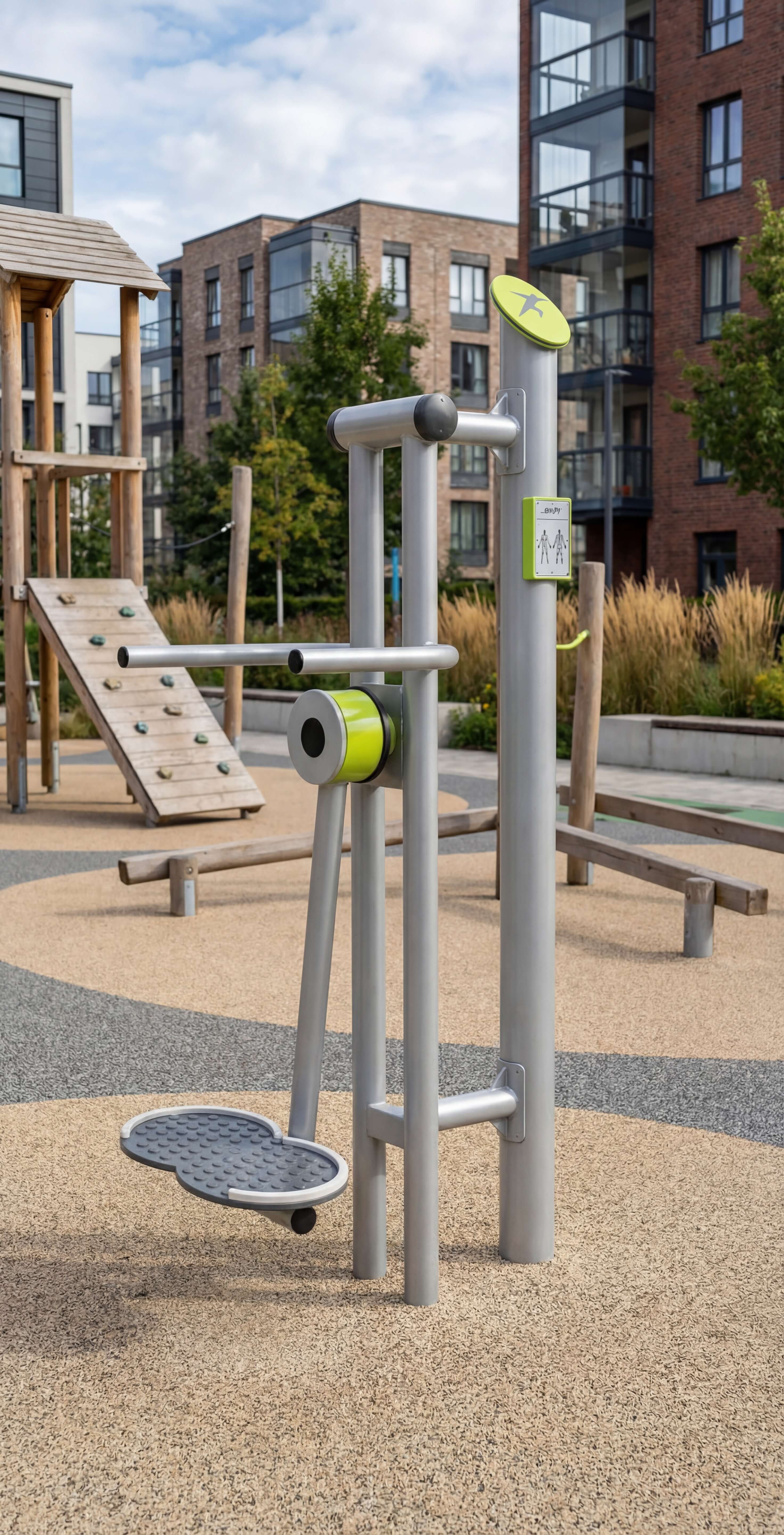 Modern outdoor fitness station with lime green accents in urban playground near apartment buildings.