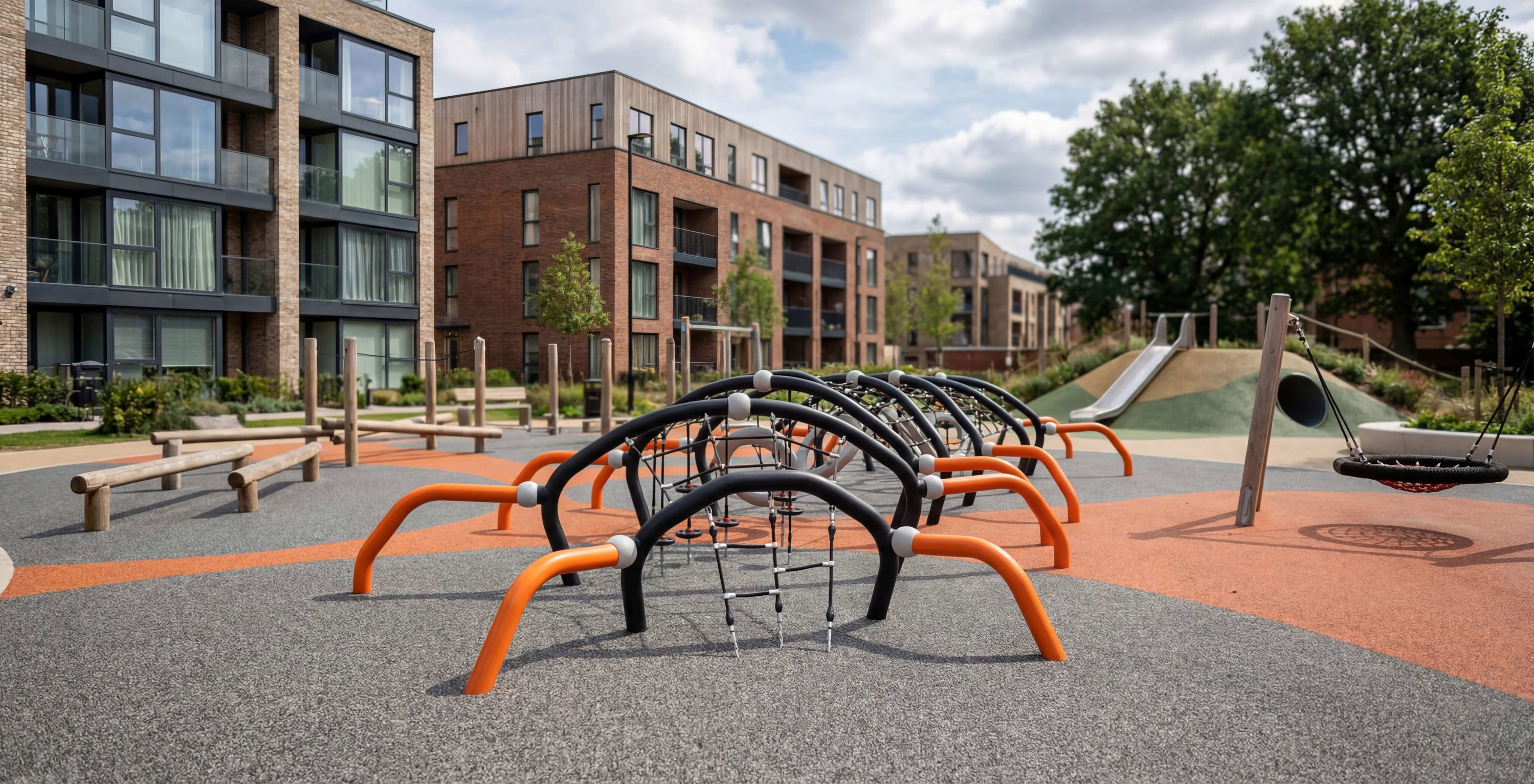 Modern playground with climbing structures near residential buildings under partly cloudy sky.