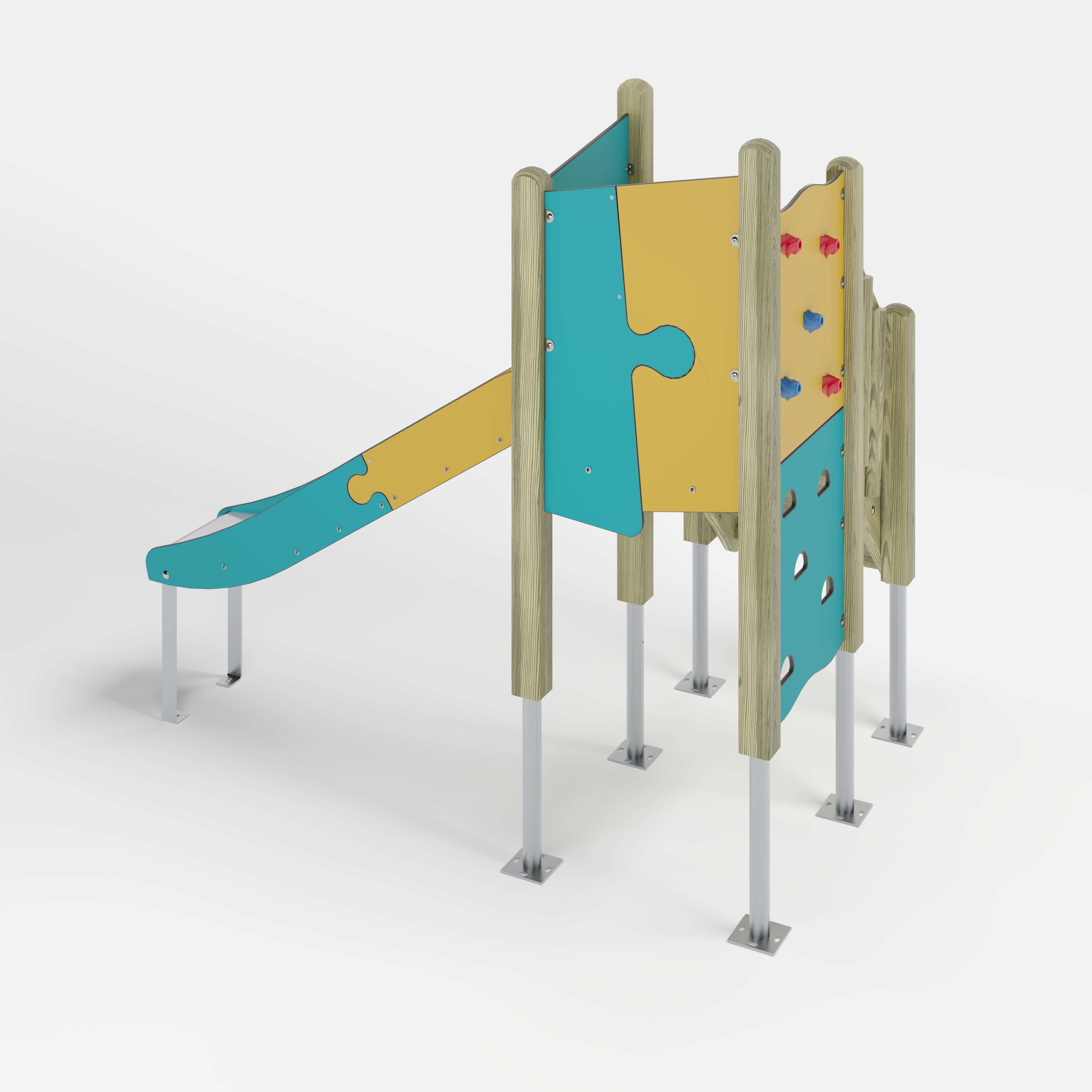 Bunte Kinderspielburg mit Dach und Rutsche auf weißem Hintergrund.