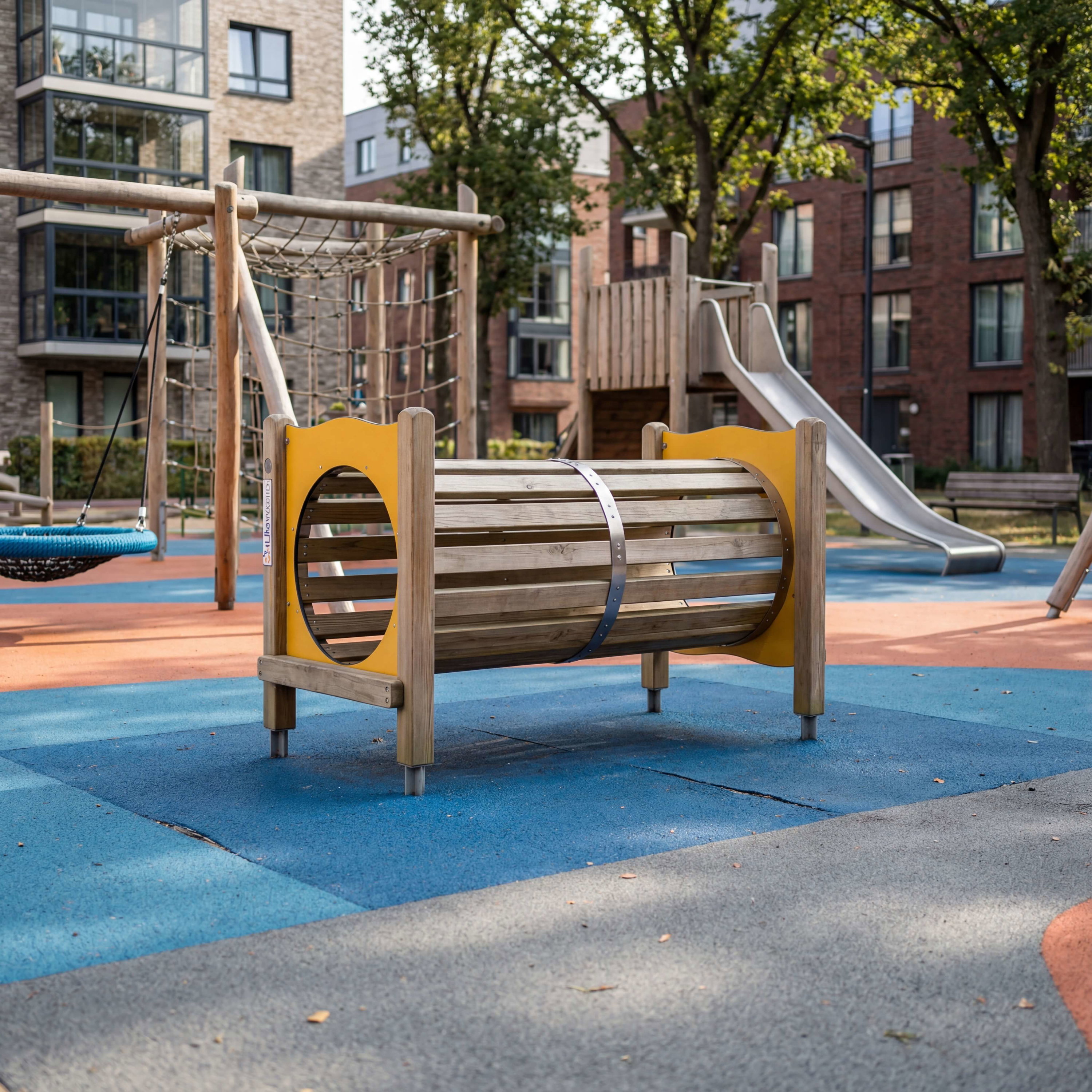 Holz-Röhren-Spielgerät auf blau-orangefarbenem Spielplatz vor Wohnhäusern und Bäumen.