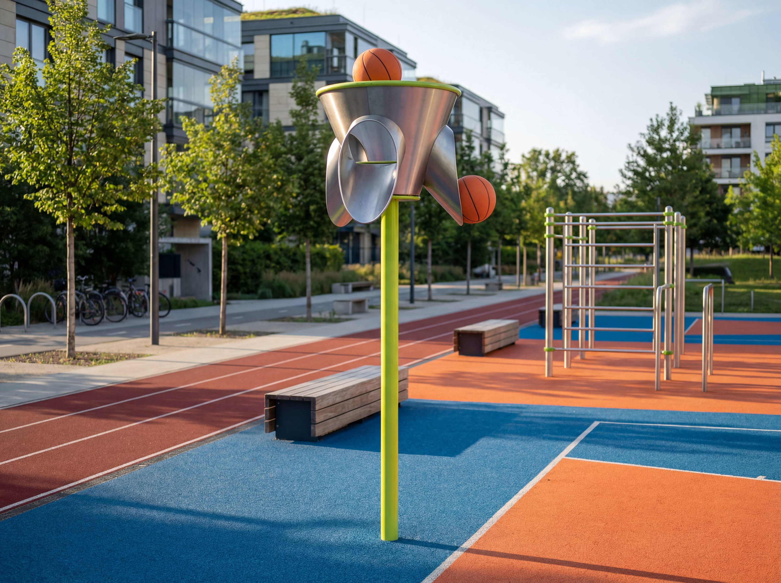 Ballspringer auf buntem Spielplatz vor modernen Wohnhäusern und Laufbahn im Hintergrund.