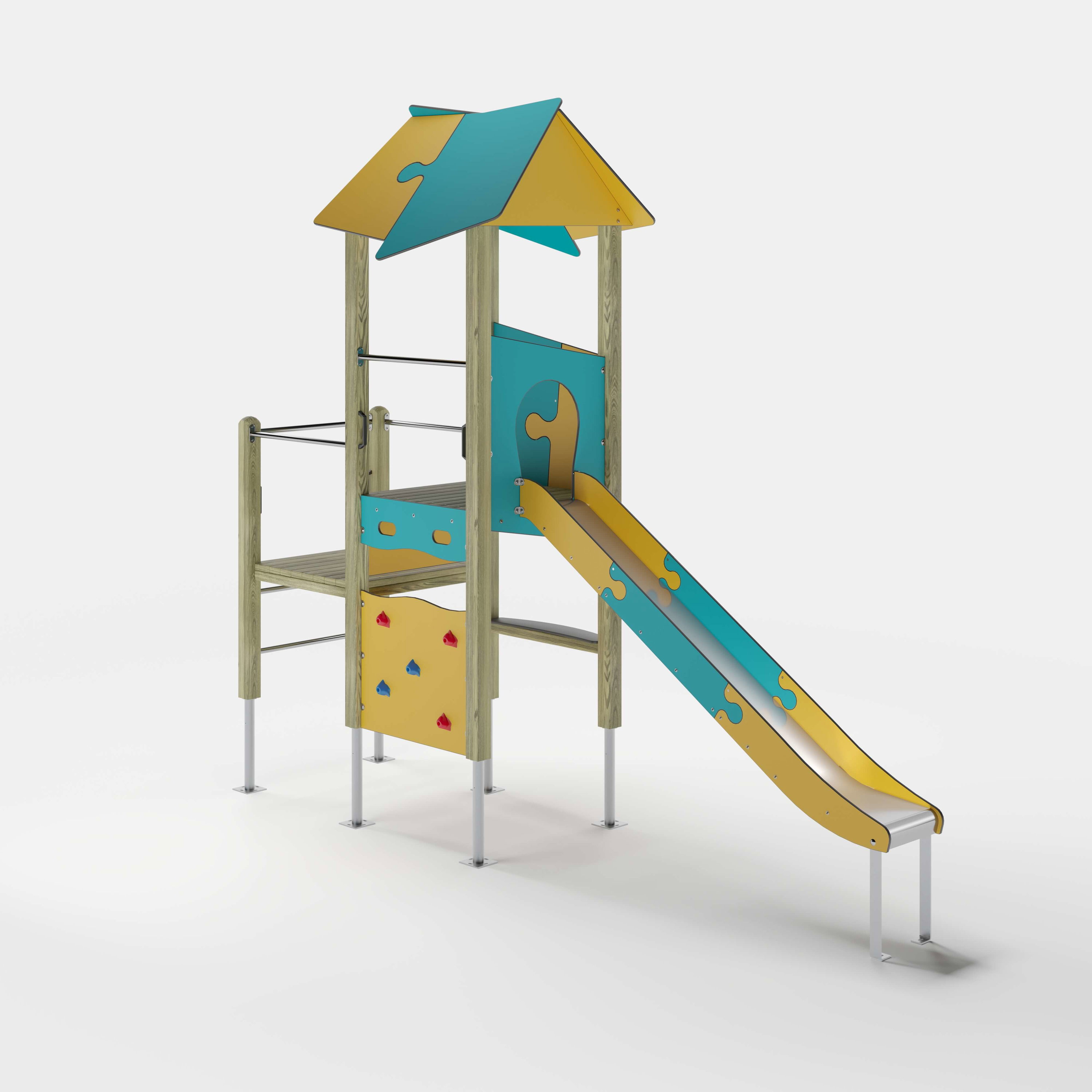 Bunte Kinderspielburg mit Dach und Rutsche auf weißem Hintergrund.