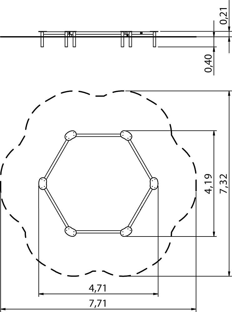 Technische Zeichnung eines sechseckigen Bauteils mit Maßangaben und Schnittansicht.