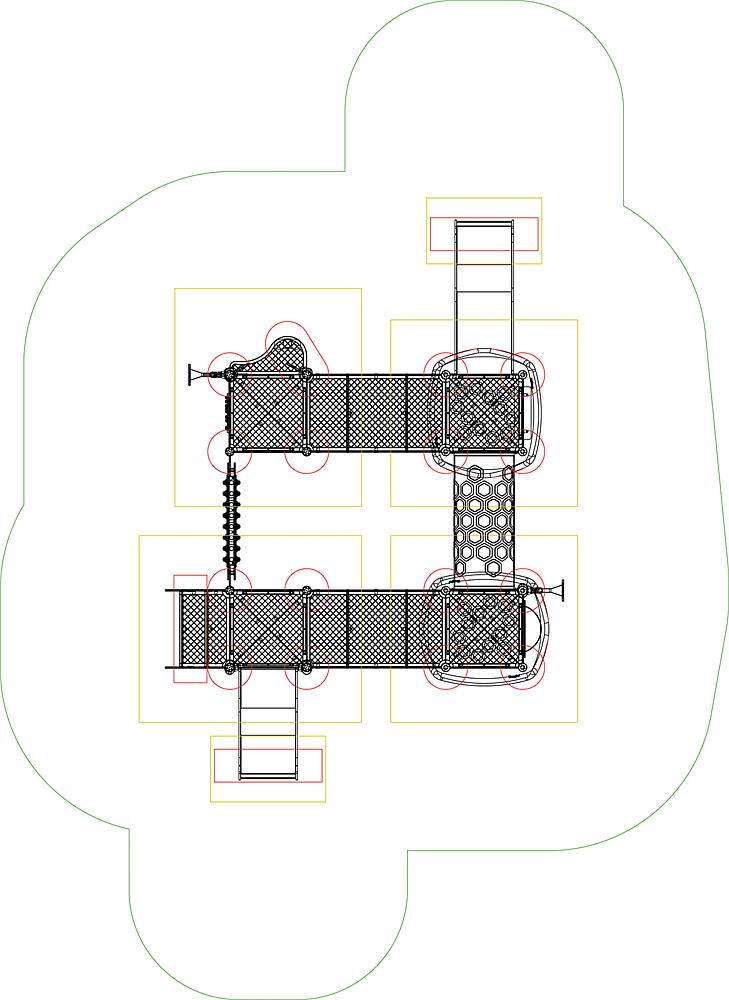Spielplatz-Plan mit Plattformen, Leitern und Rutschröhren – kinderfreundliche Freizeitanlage im Garten.