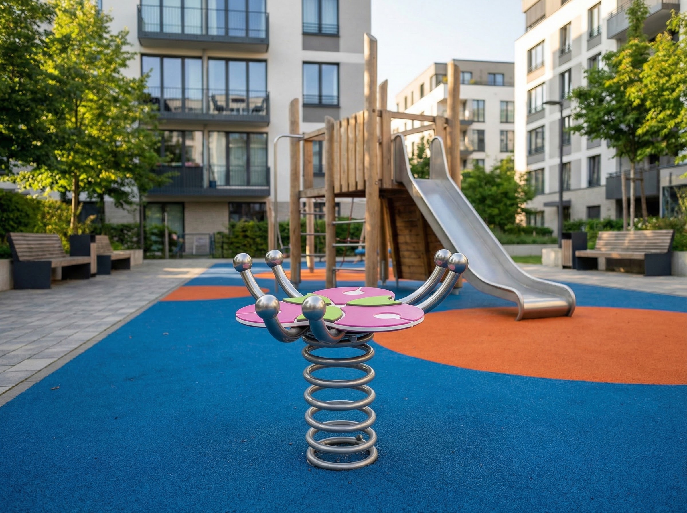 Bunte Spielplatzanlage mit Feder-Schaukel und Rutschbahn vor modernen Wohnhäusern.