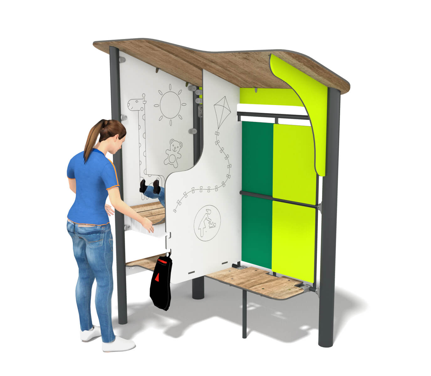 Frau bedient interaktives Spiel- und Informationszentrum mit Kinderspielwand und Sitzgelegenheiten.
