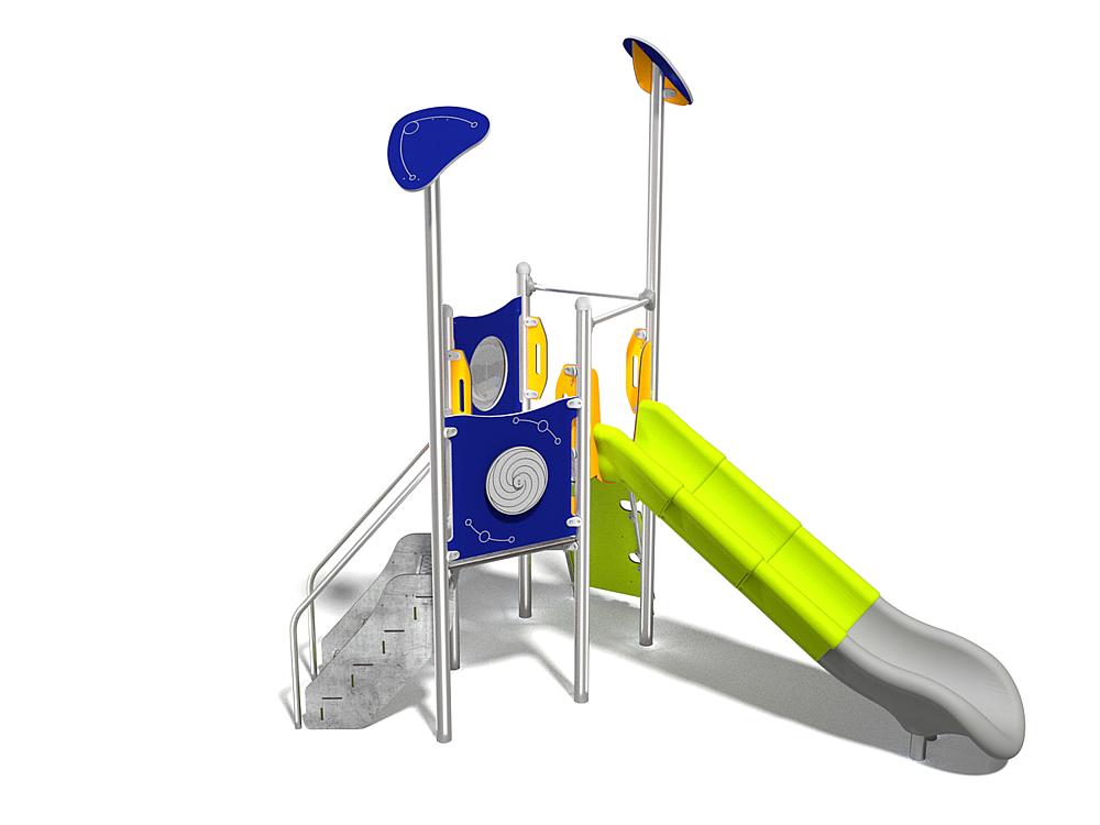 Schwinger für Kleinkinder mit Metallgestell und grünen Verbindungen auf weißem Hintergrund.