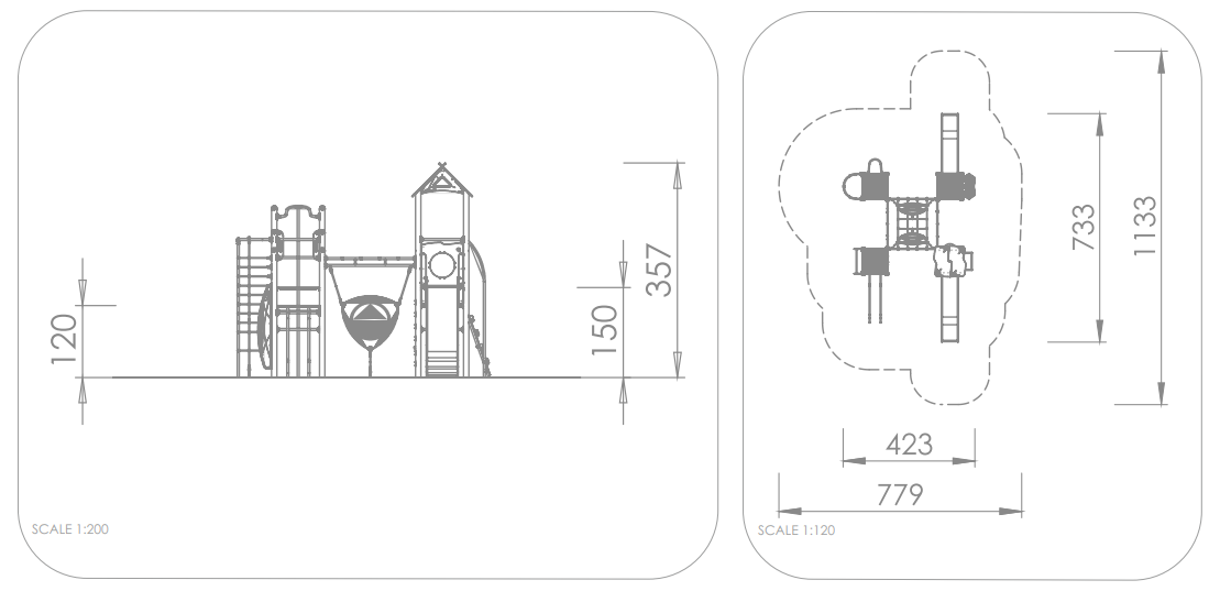 Technische Zeichnung eines Spielplatzes mit Seiten- und Grundrissansicht sowie Maßen.