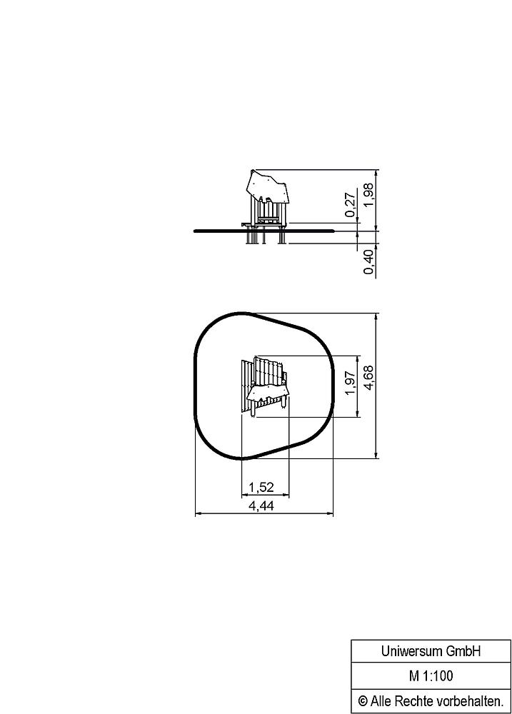 Technische Zeichnung eines Spielgeräts von Uniwersum GmbH im Maßstab 1:100.