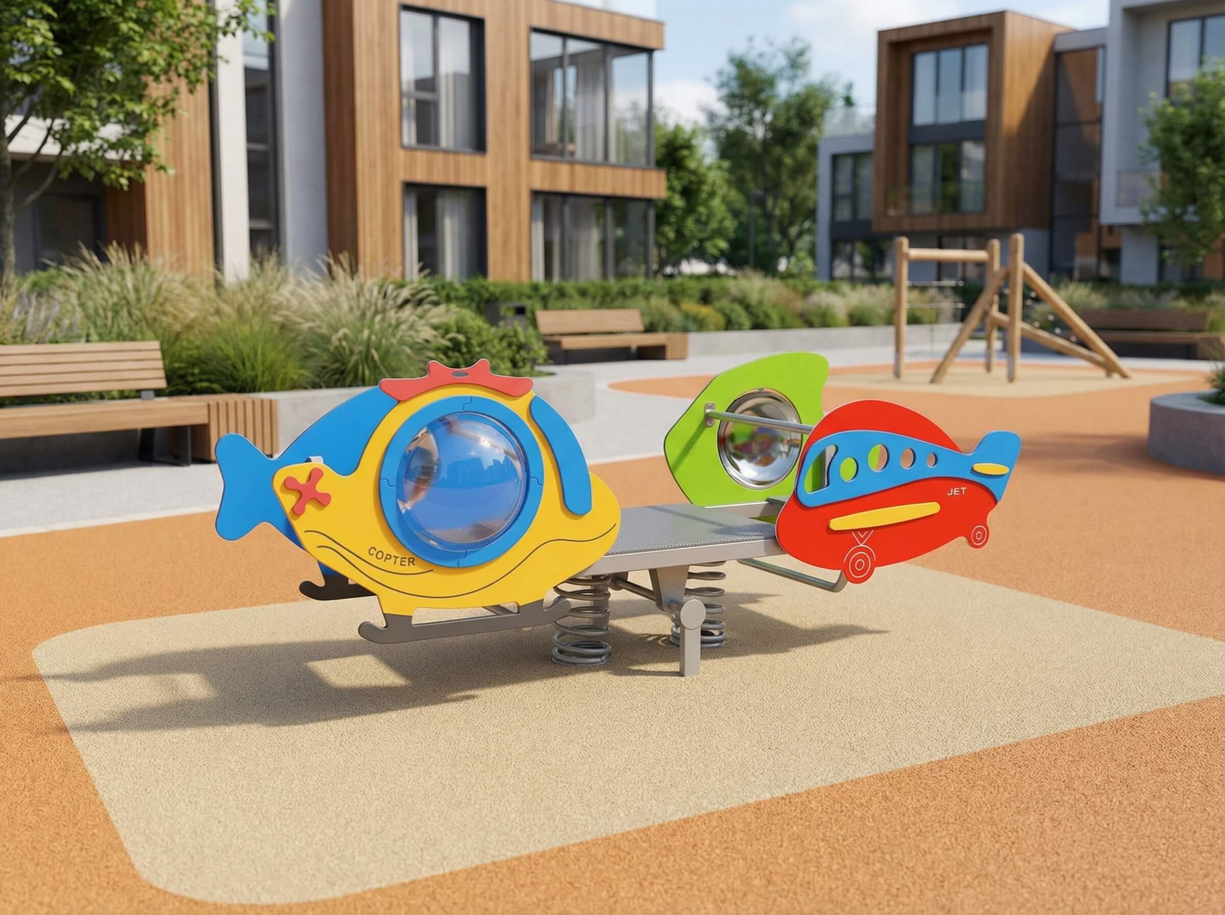 Bunte Flugzeug-Schaukel im modernen Spielplatz vor Wohnhäusern mit Holz- und Glasfassaden.