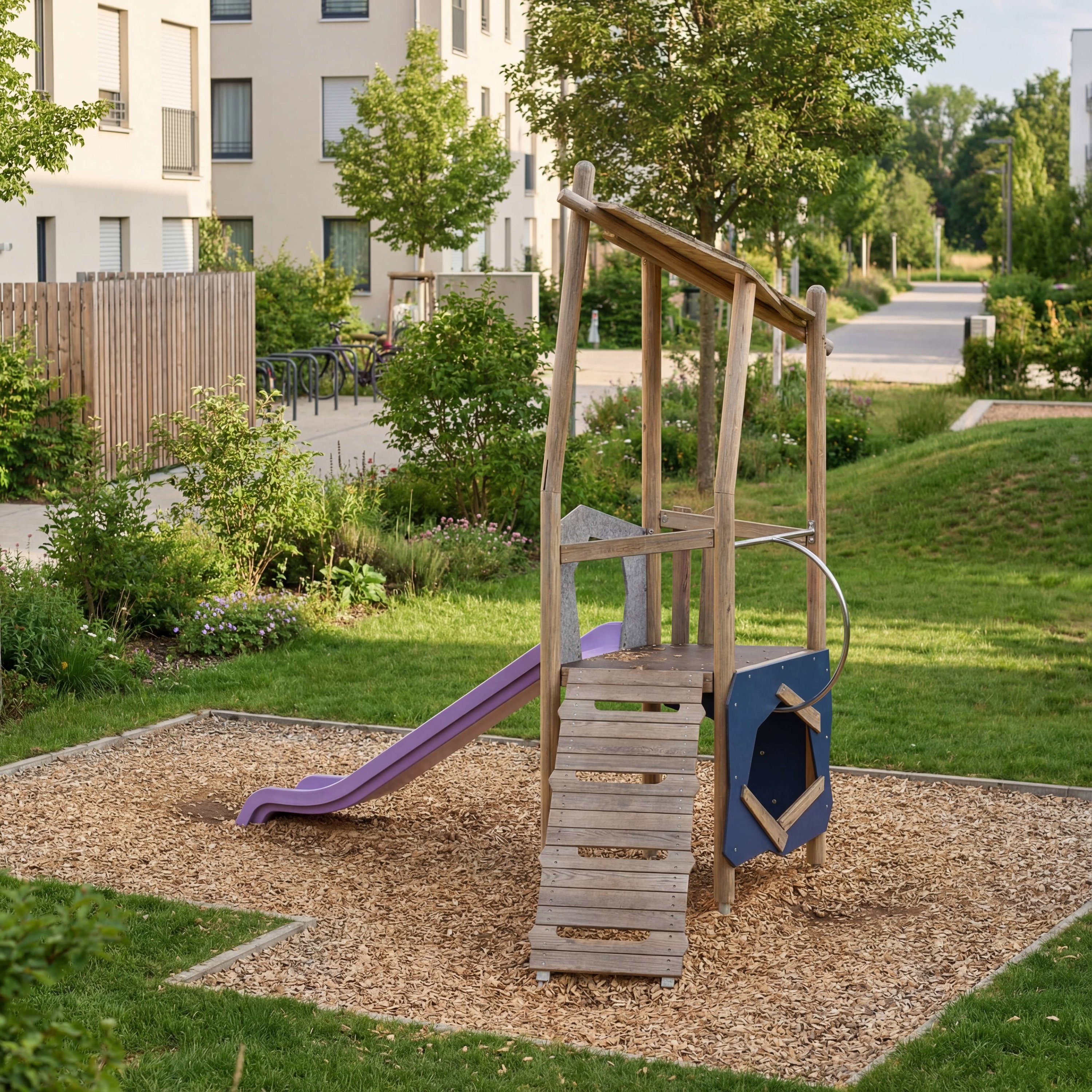 Holzspielplatz mit lila Rutsche im Gras und Kiesbett vor Wohngebäuden.