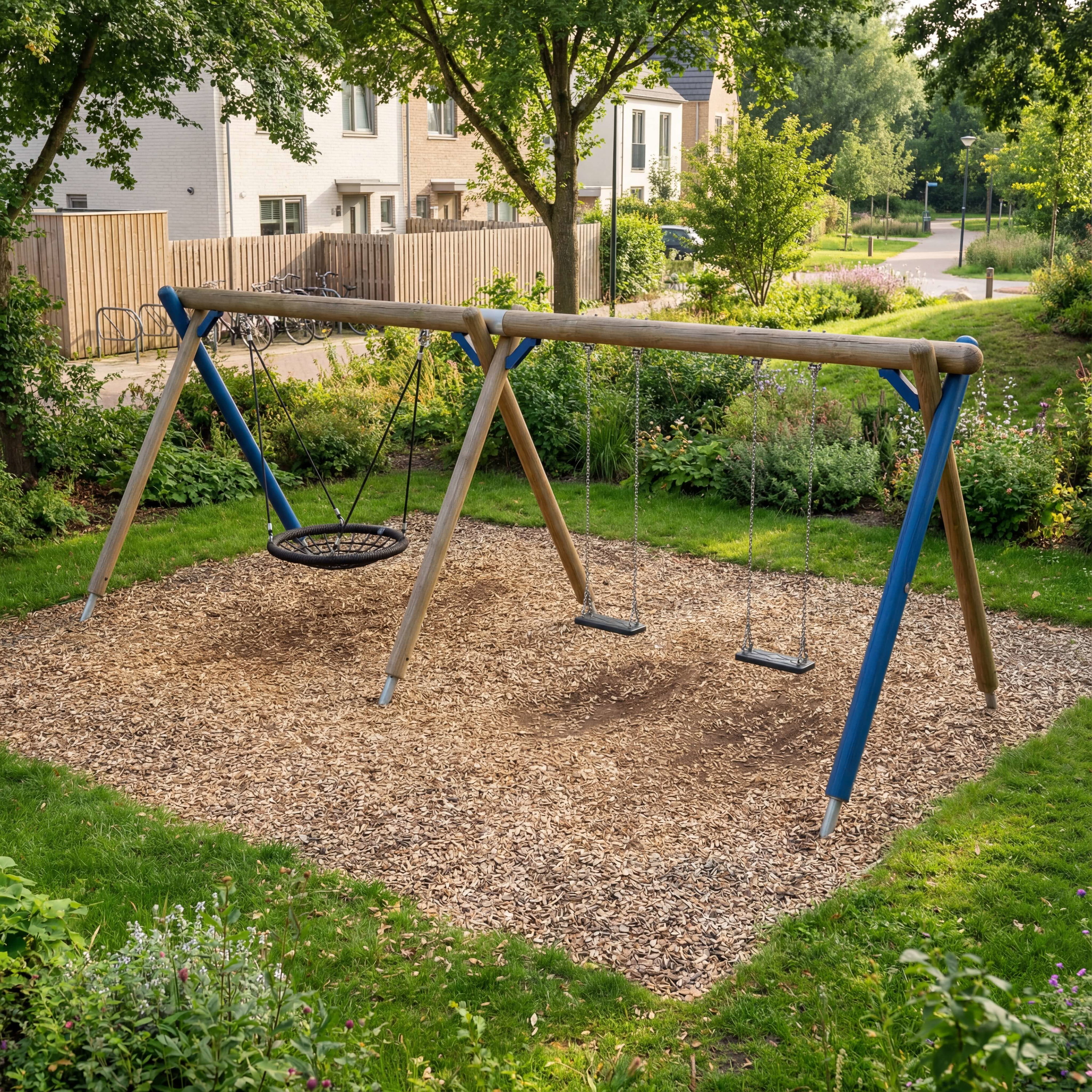 Schaukeln im Park mit Holzgestell und Kiesboden unter Bäumen – ideal für Kinderfreizeit.

Spielgerüst mit drei Schaukeln auf Kieselbett im grünen Gartenbereich vor Wohnhäusern.