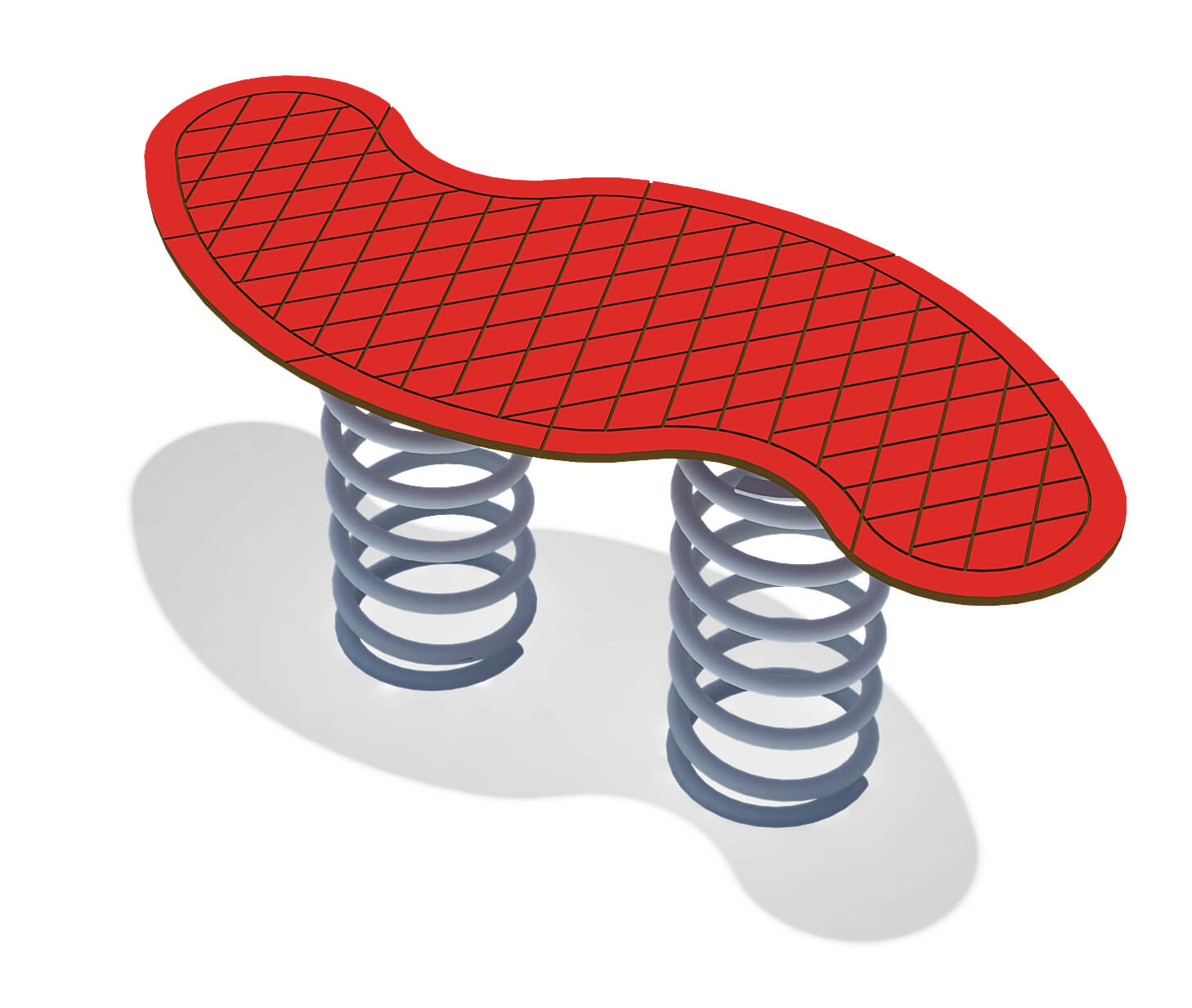 Rote Springbank mit Gittermuster und zwei blauen Federn – Spielgerät für Kinder auf weißem Hintergrund.

German:  
Springbrücke mit roter Oberfläche und blauen Spiralfedern – Kinderspielgeräte im Freien.