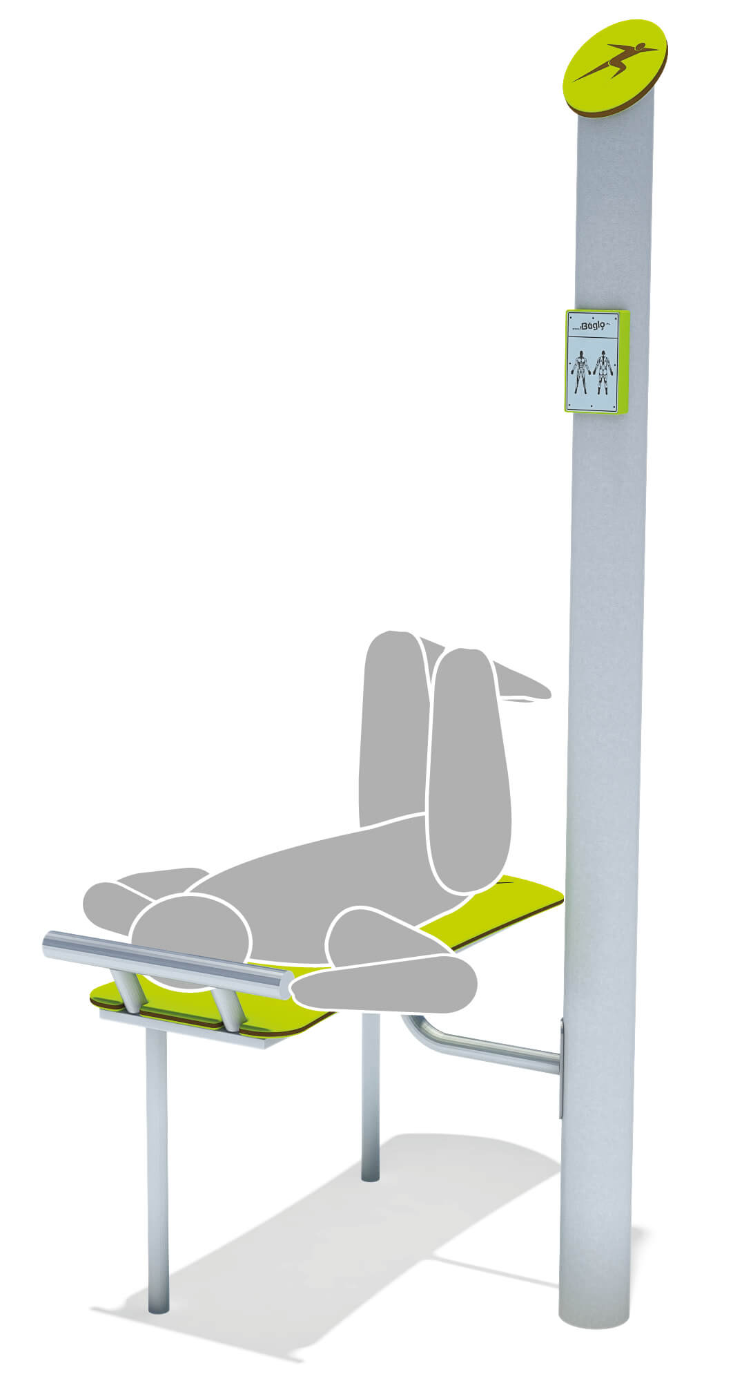 Gelb-grünes Fitnessgerät für Übungen am Boden und mit Stützpfosten im Freien.
