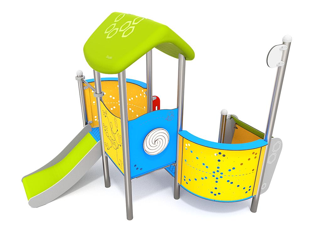 Schwinger für Kleinkinder mit Metallgestell und grünen Verbindungen auf weißem Hintergrund.