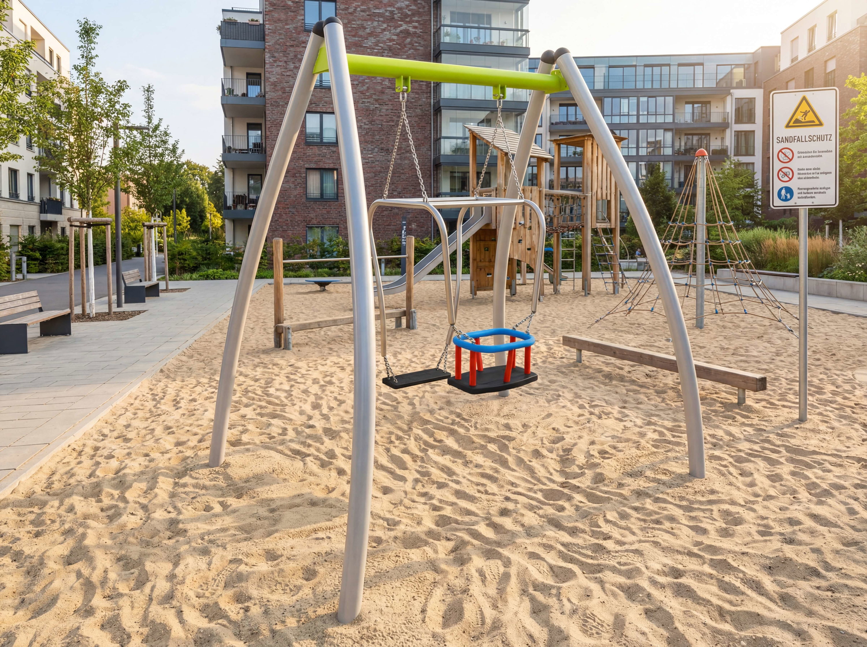 Spielplatz mit Schaukel und Sandkasten vor modernen Wohnhäusern im Stadtteil.