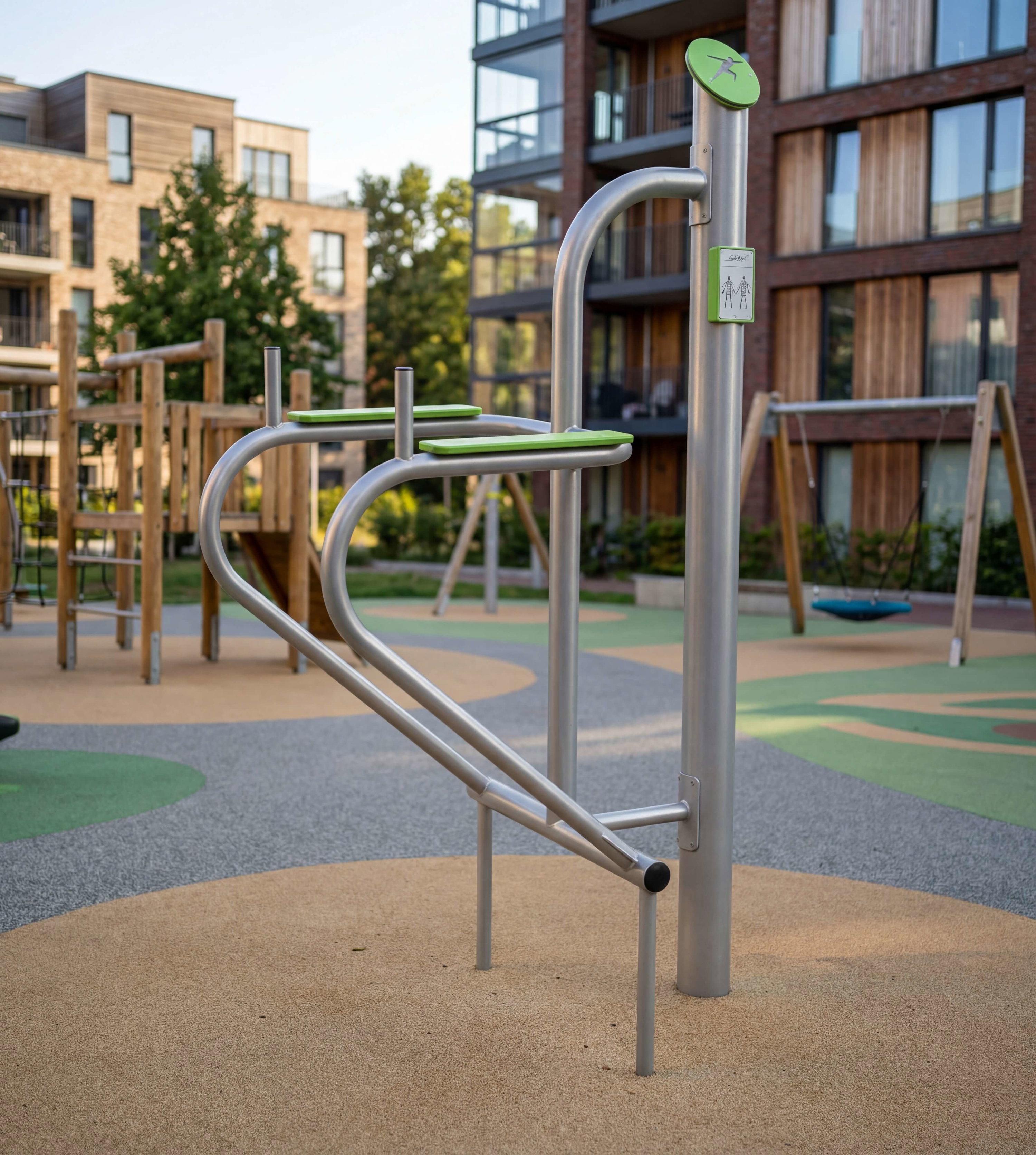 Modern outdoor fitness station with green grips, set against residential buildings and playground equipment.

Fitnessgerät im Freien vor Wohnhäusern und Spielplatzgeräten.