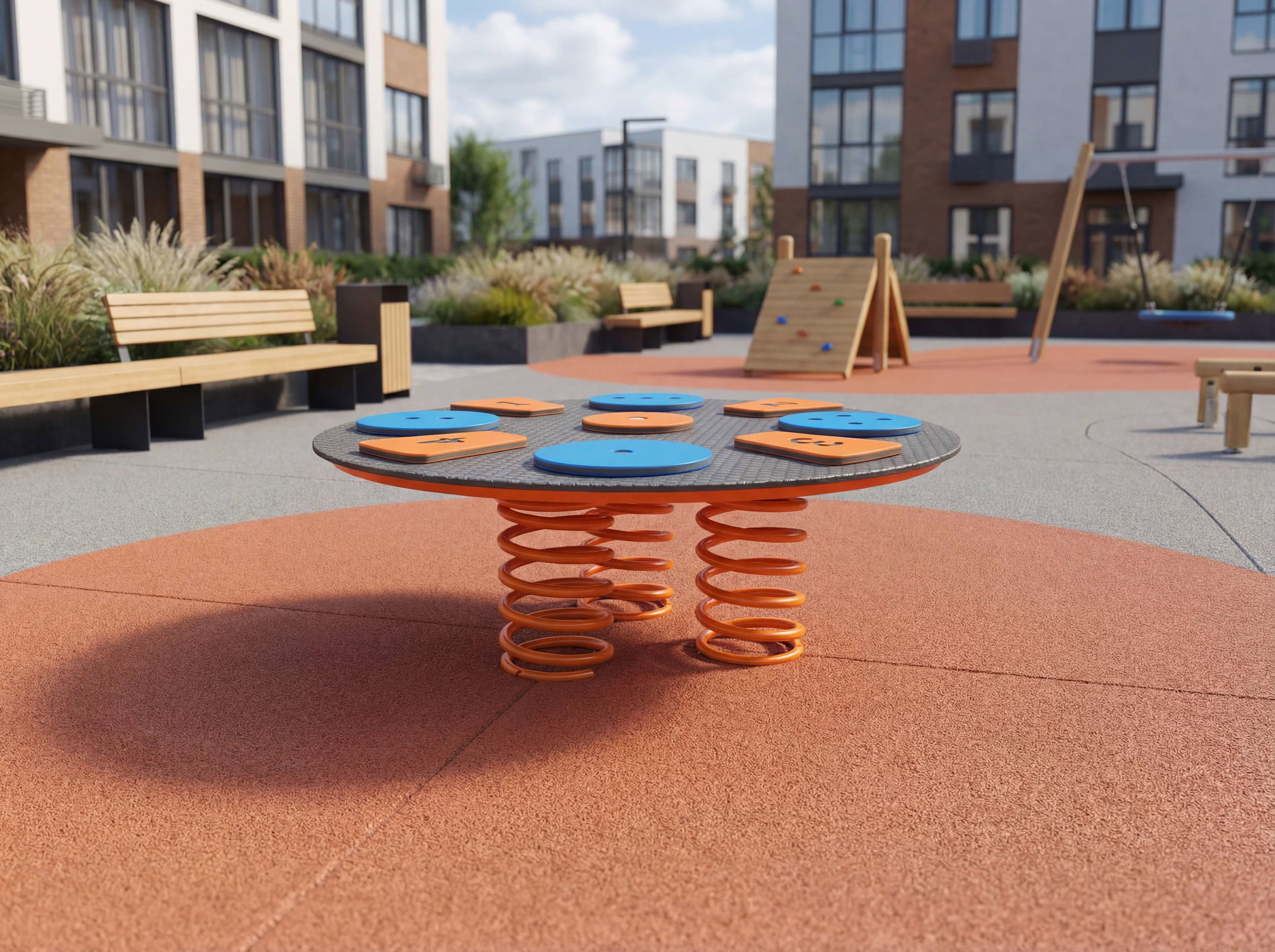 Bunte Springtisch im modernen Spielplatz vor Wohnhäusern mit Sitzbänken und Klettergerüst.