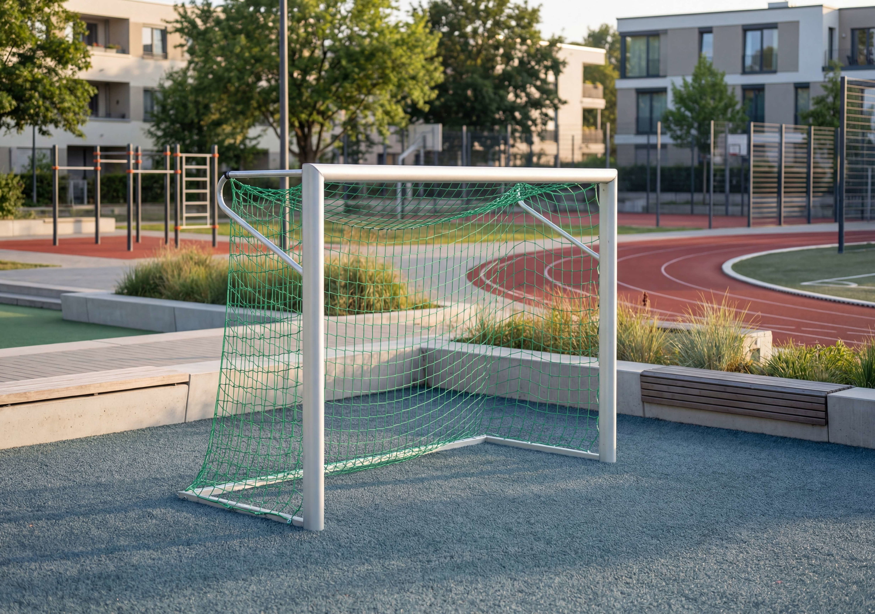Fussballtor auf einem modernen Spielplatz mit Laufbahn und Wohnhäusern im Hintergrund.