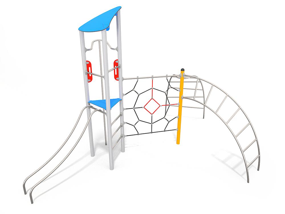 Schwinger für Kleinkinder mit Metallgestell und grünen Verbindungen auf weißem Hintergrund.