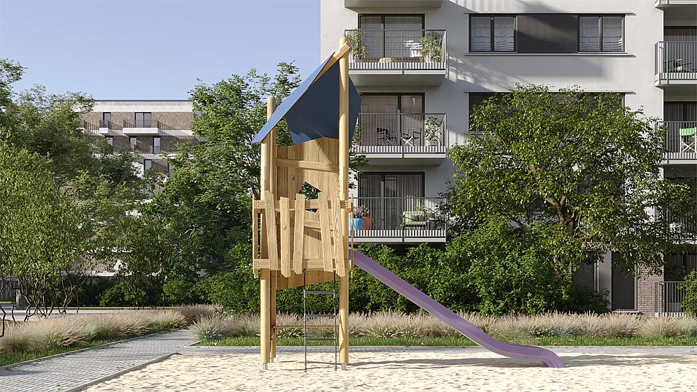 Holzspielplatz mit Rutsche im Sand vor modernen Wohnhäusern und Bäumen.