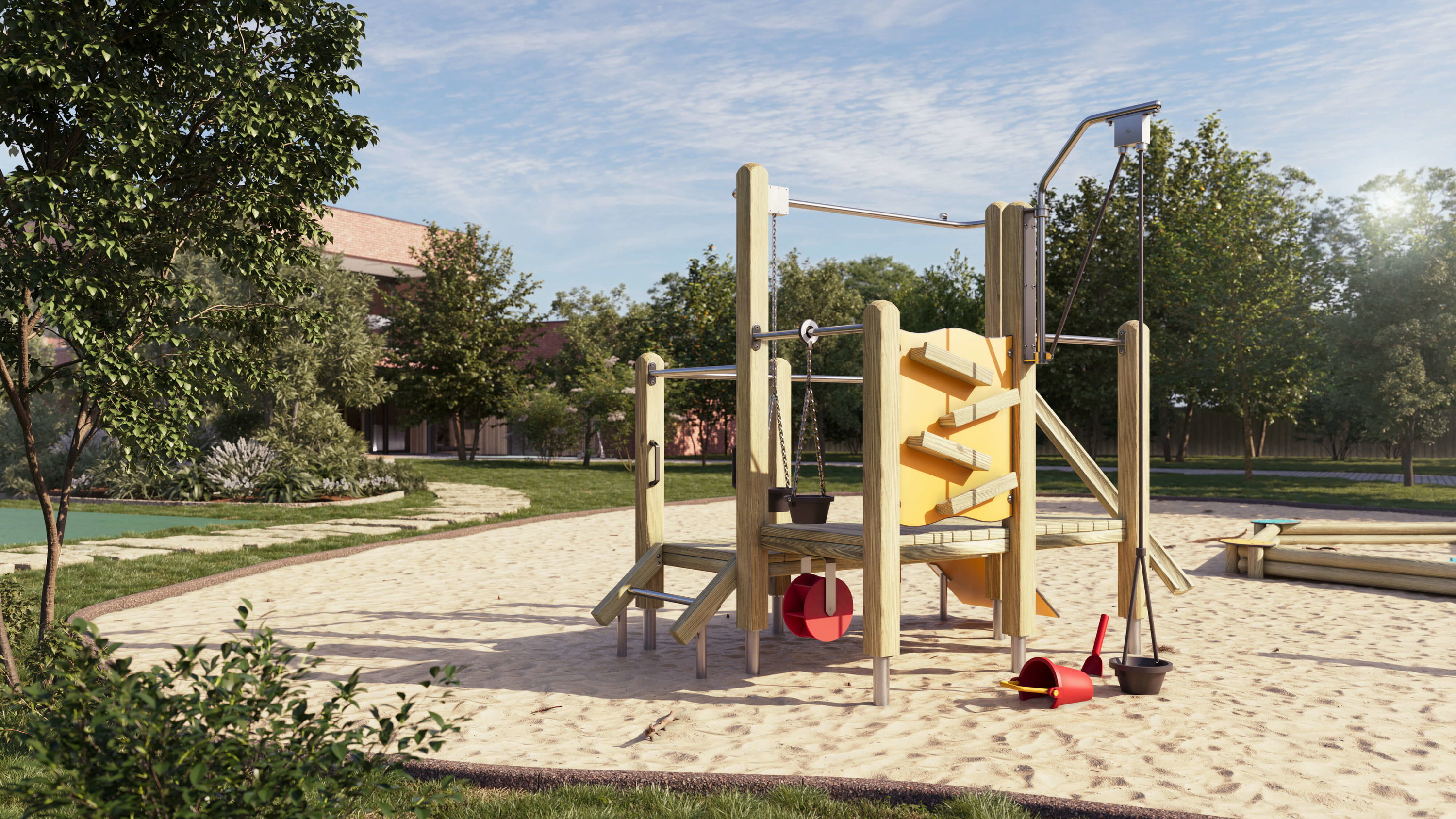Holzspielplatz im Sand mit Rutsche und Kletterelementen in grüner Umgebung unter blauem Himmel.