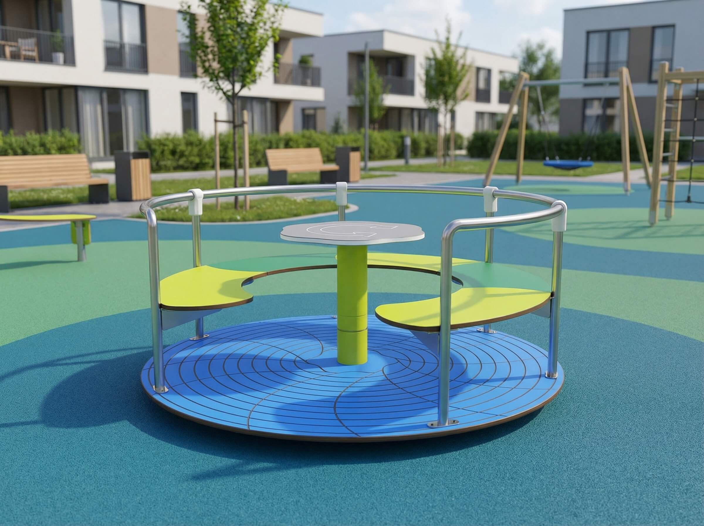 Kinderdrehsitz mit Tisch auf blau-grünem Spielplatz vor Wohnhäusern.