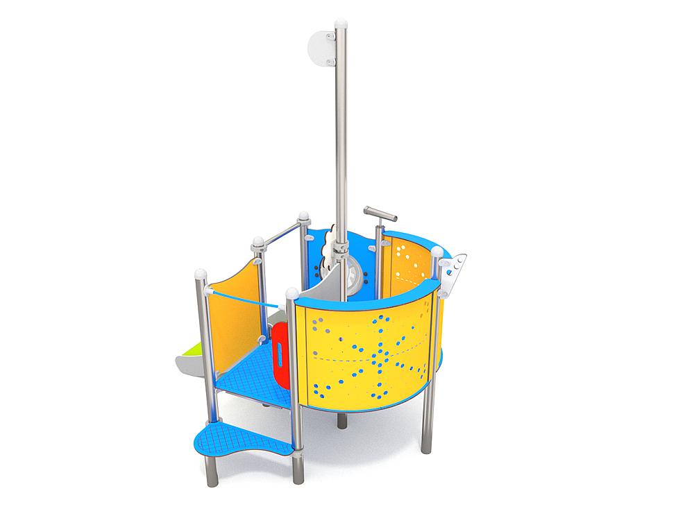 Schwinger für Kleinkinder mit Metallgestell und grünen Verbindungen auf weißem Hintergrund.