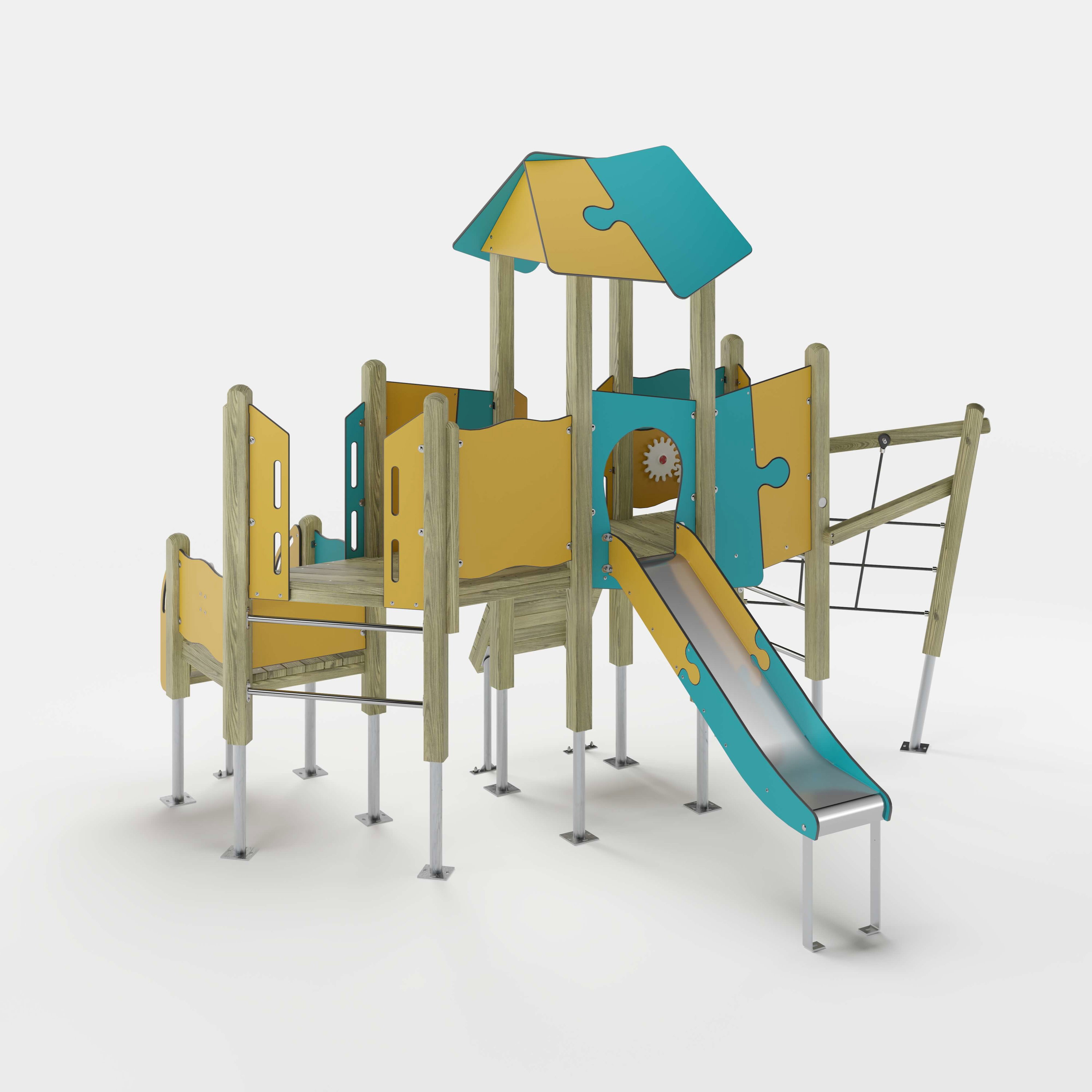 Bunte Kinderspielburg mit Dach und Rutsche auf weißem Hintergrund.