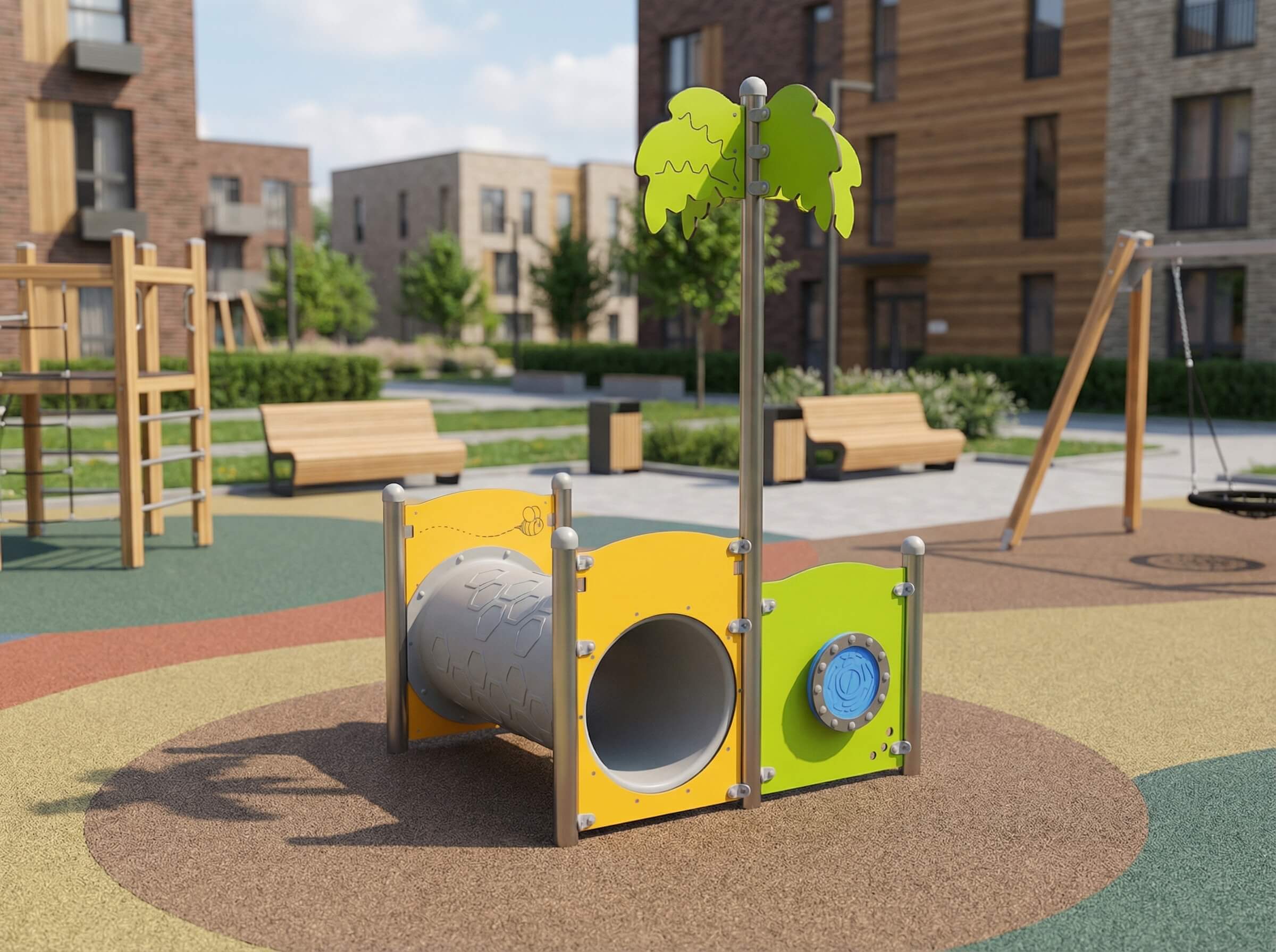 Bunte Spielanlage mit Röhrenrutsche im modernen Wohnbereich unter blauem Himmel.