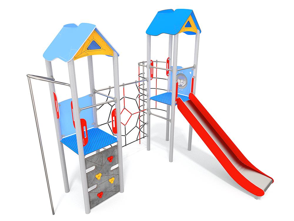 Schwinger für Kleinkinder mit Metallgestell und grünen Verbindungen auf weißem Hintergrund.