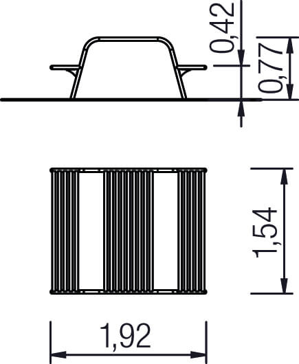Technische Zeichnung eines Stuhls mit Maßen: Sitzhöhe 0,42m, Rückenlehne 0,77m, Breite 1,92m, Tiefe 1,54m.