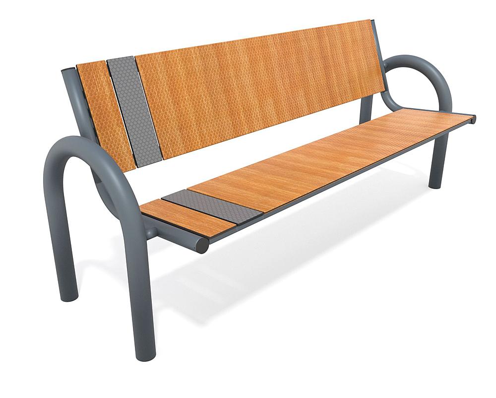 Moderne Parkbank mit Holz- und Metallverkleidung für öffentliche Räume.