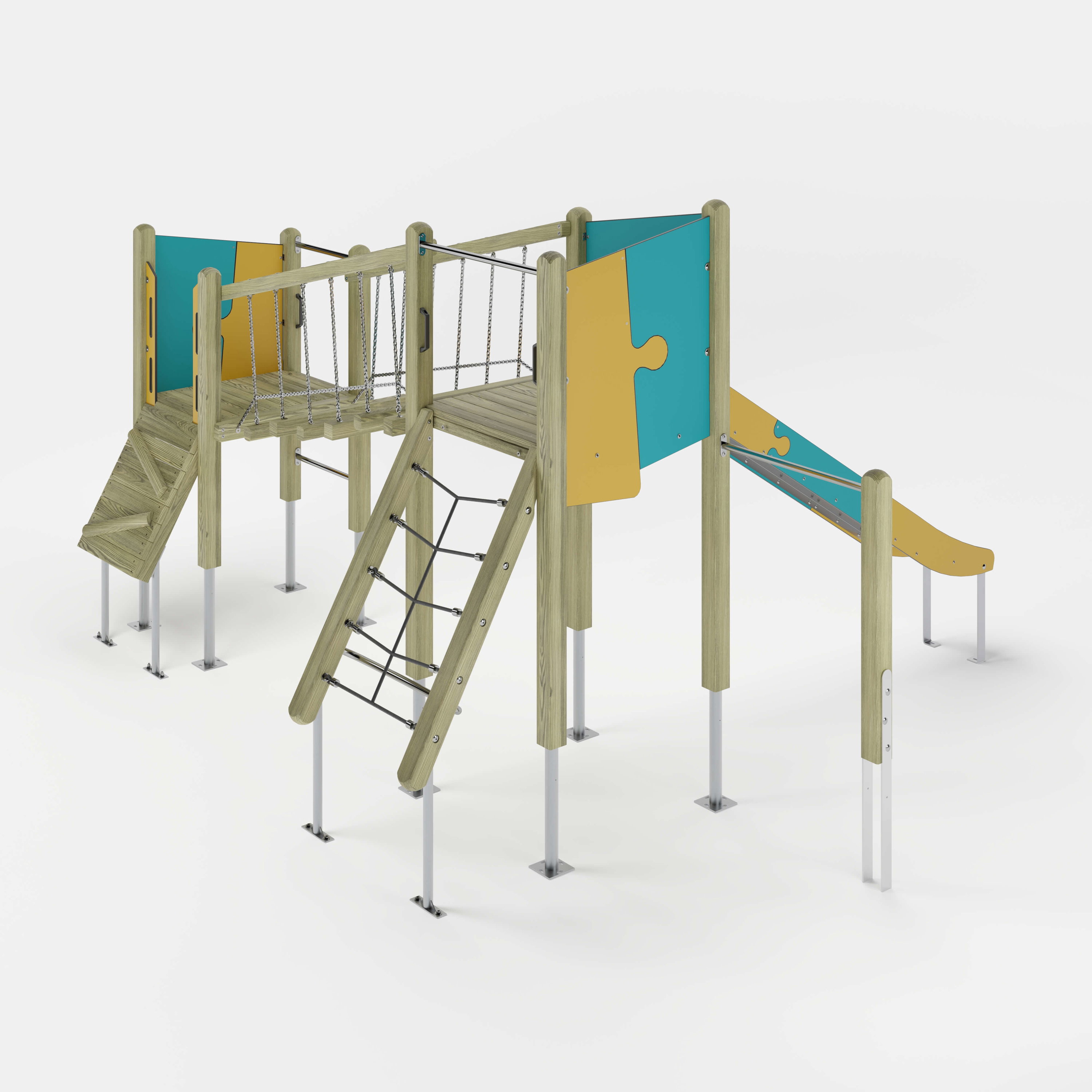 Bunte Kinderspielburg mit Dach und Rutsche auf weißem Hintergrund.