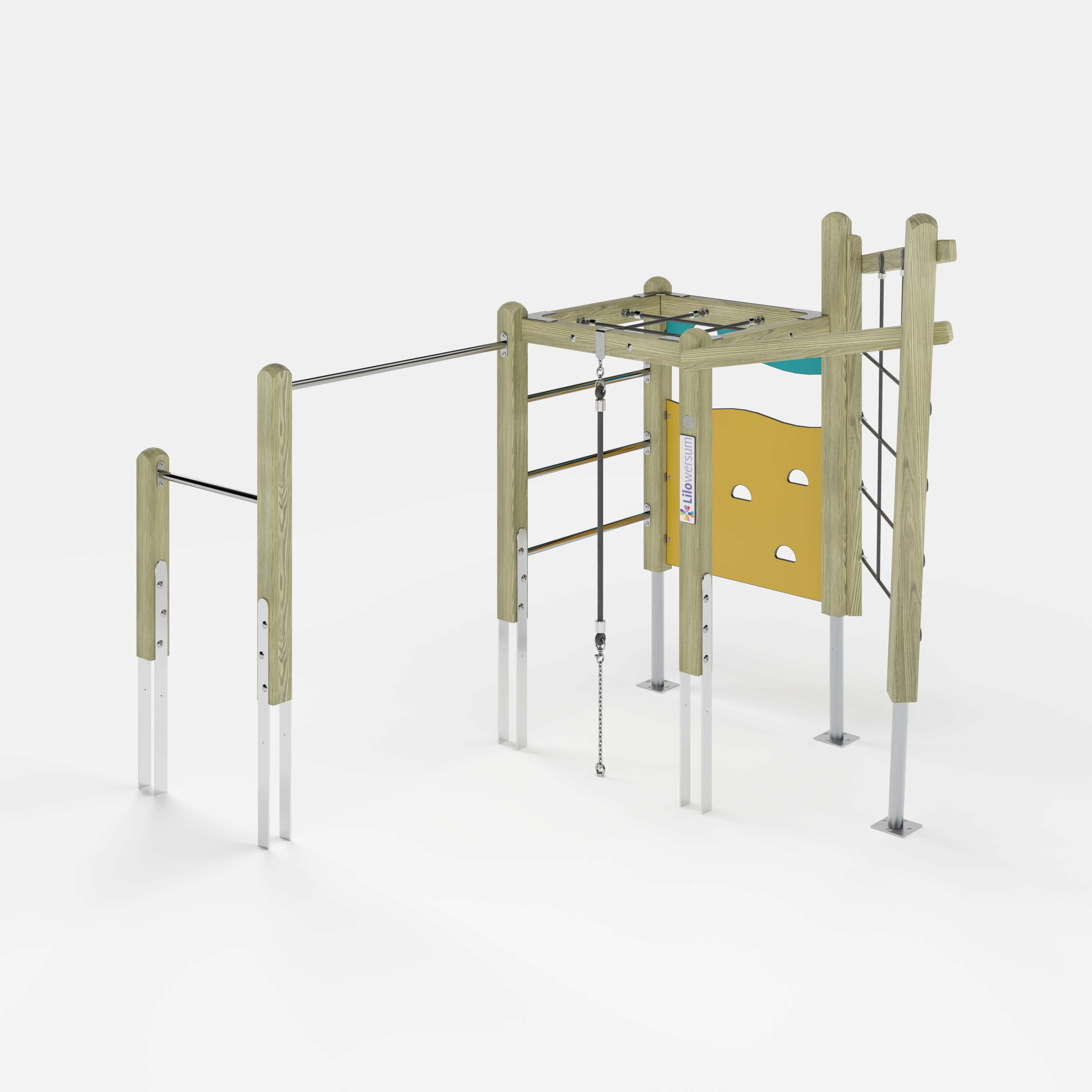 Bunte Kinderspielburg mit Dach und Rutsche auf weißem Hintergrund.