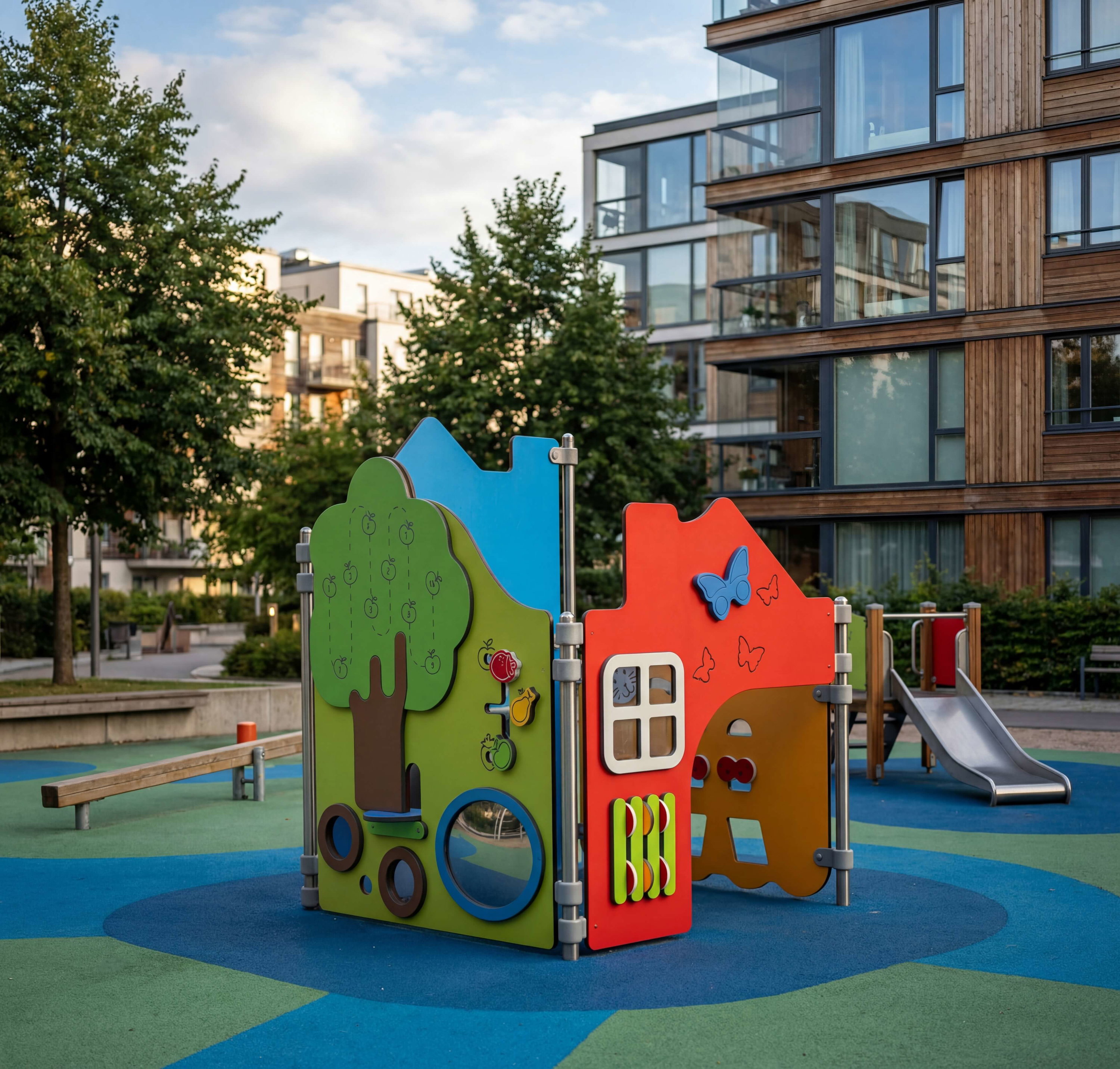 Bunte Spielanlage im modernen Wohnviertel mit Holzhaus und Rutsche auf blau-grünem Bodenbelag.