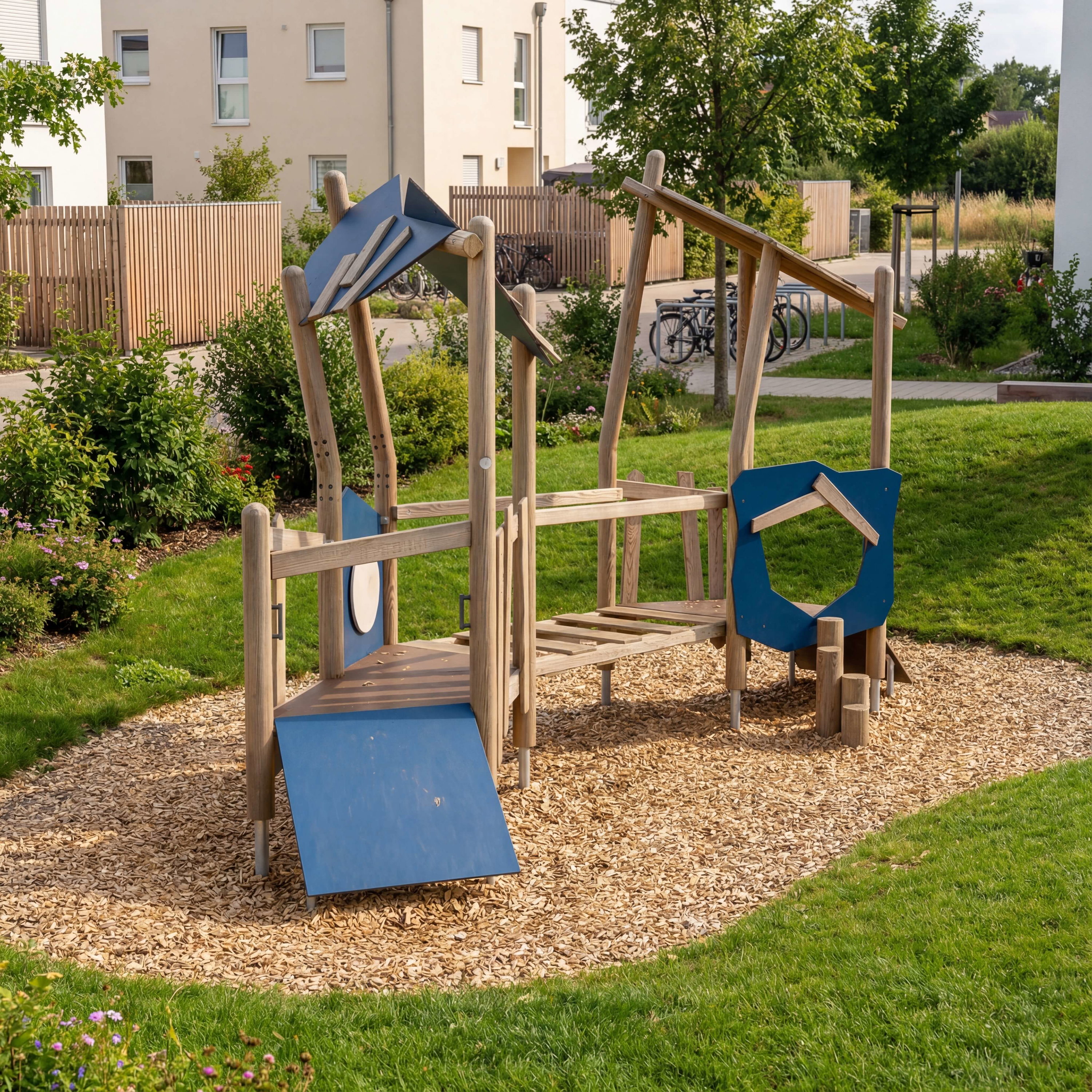 Holzspielplatz mit blauen Elementen im Gras und Kies – modernes Kinderfreizeitangebot in Wohngebiet.