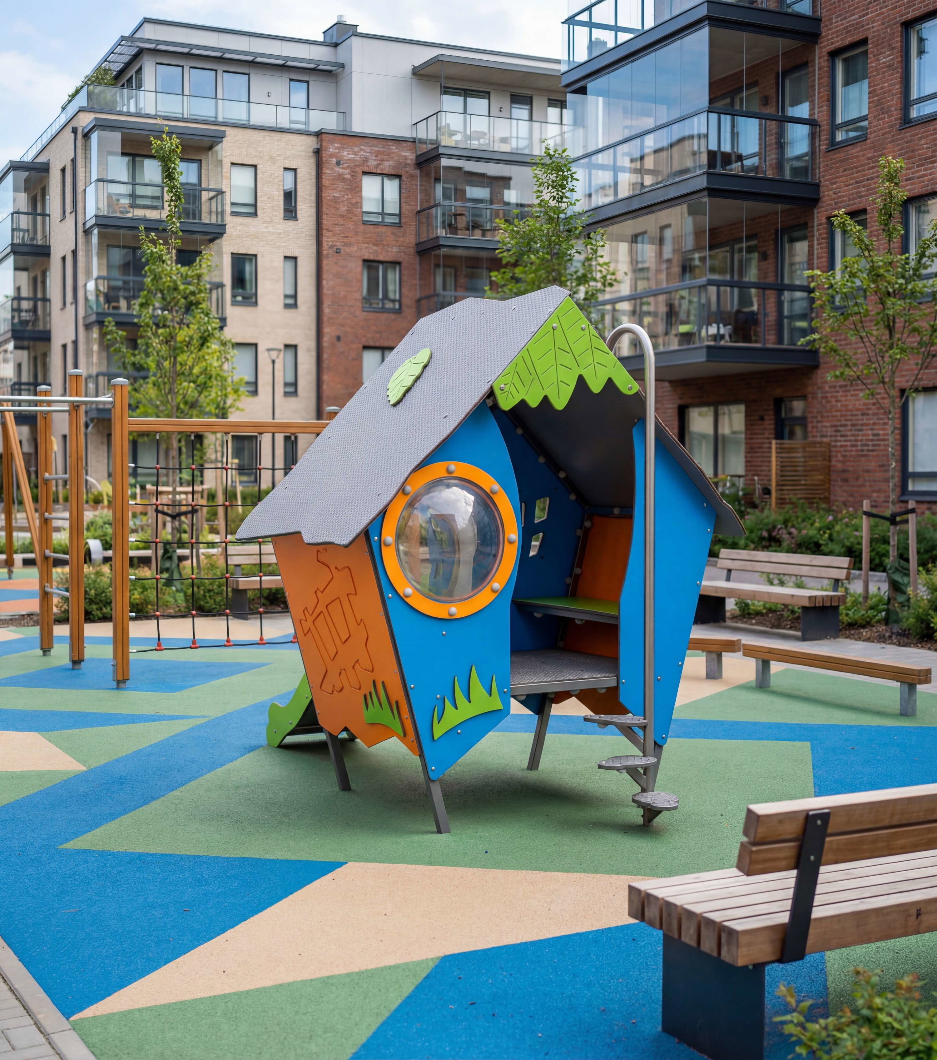 Bunte Spielhütte im modernen Kinderbereich vor Wohnhäusern mit Bänken und Spielfläche.