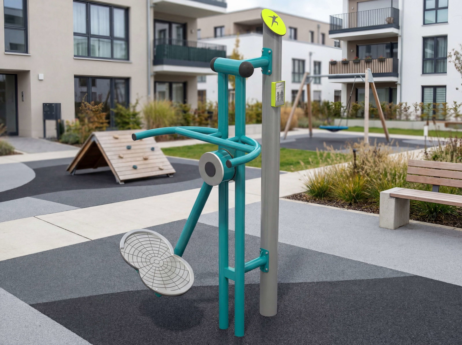 Bewegungsgerät im modernen Wohnkomplex mit Spielplatz und Bänken auf gepflastertem Platz.