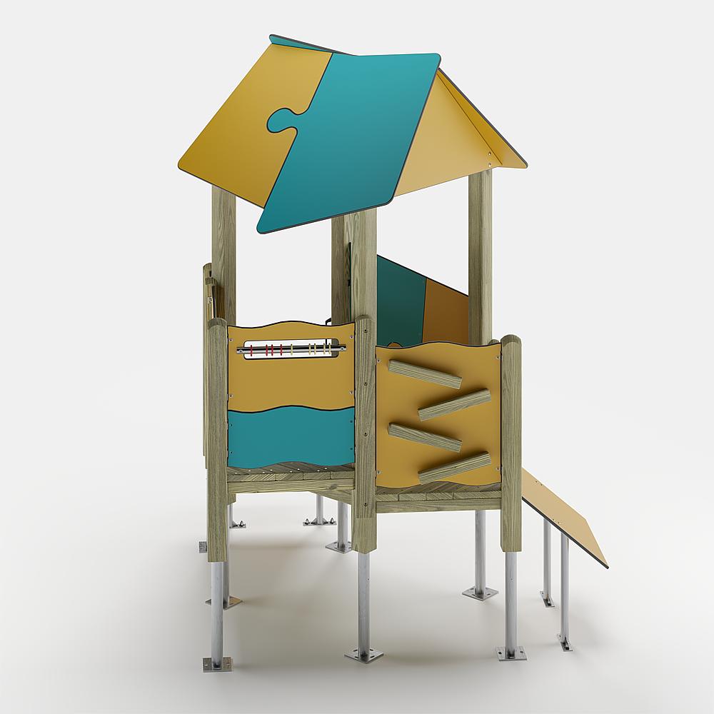 Bunte Kinderspielburg mit Dach und Rutsche auf weißem Hintergrund.
