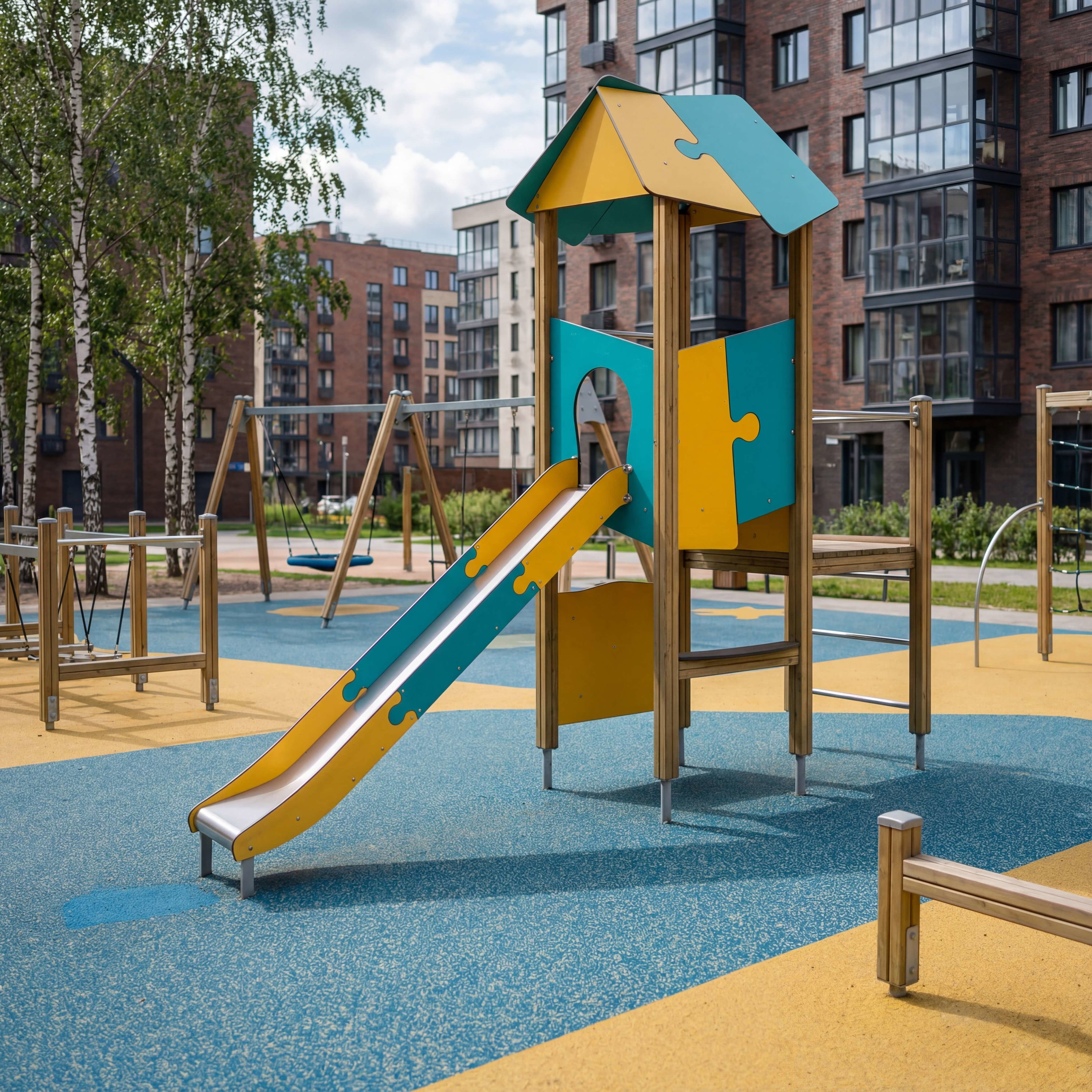 Bunte Spielplatzanlage mit Rutsche und Klettergerüst vor modernen Wohnhäusern im Stadtpark.
