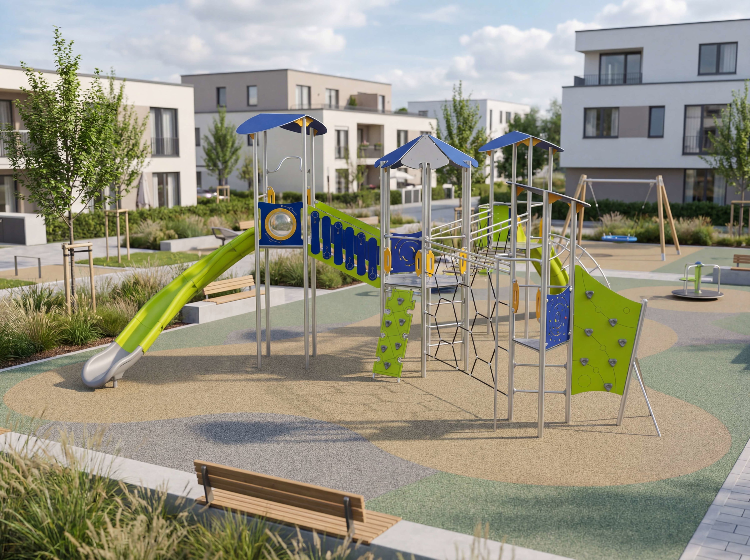 Farbiger Spielplatz mit Rutsche und Klettergerüst im modernen Wohngebiet unter blauem Himmel.