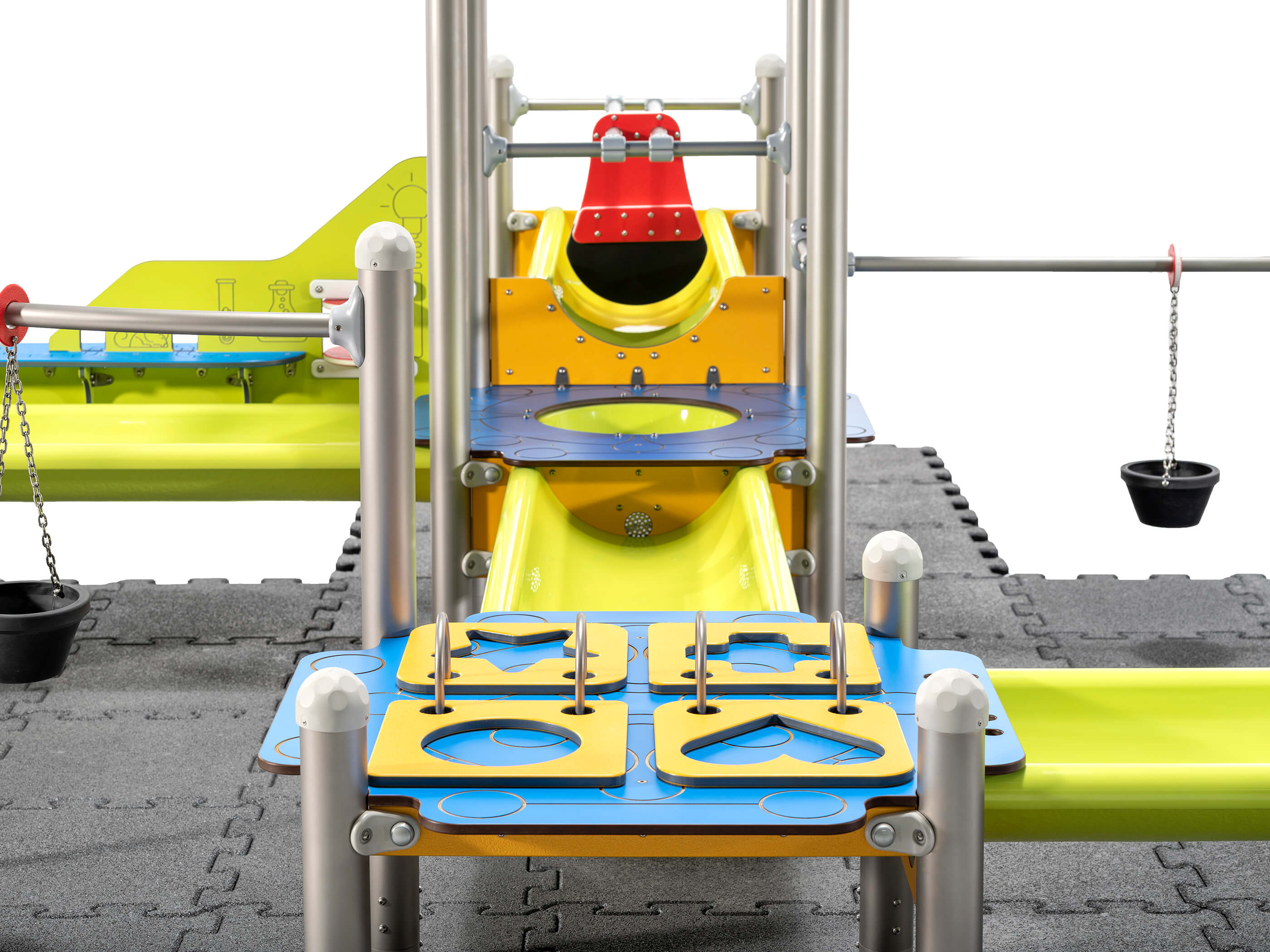 Schwinger für Kleinkinder mit Metallgestell und grünen Verbindungen auf weißem Hintergrund.