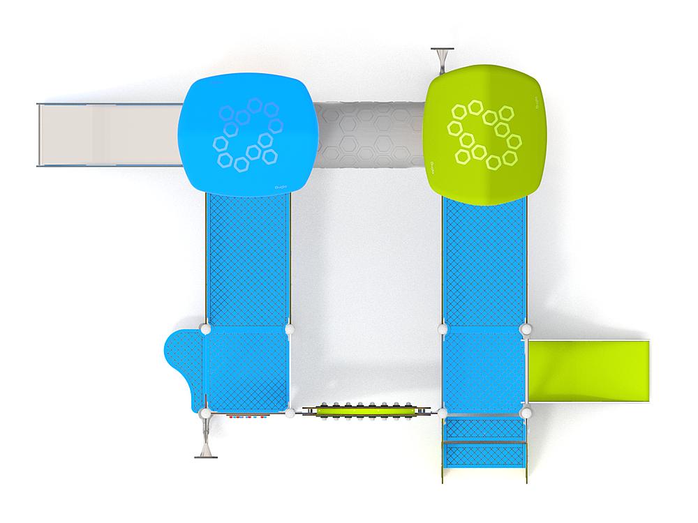 Schwinger für Kleinkinder mit Metallgestell und grünen Verbindungen auf weißem Hintergrund.