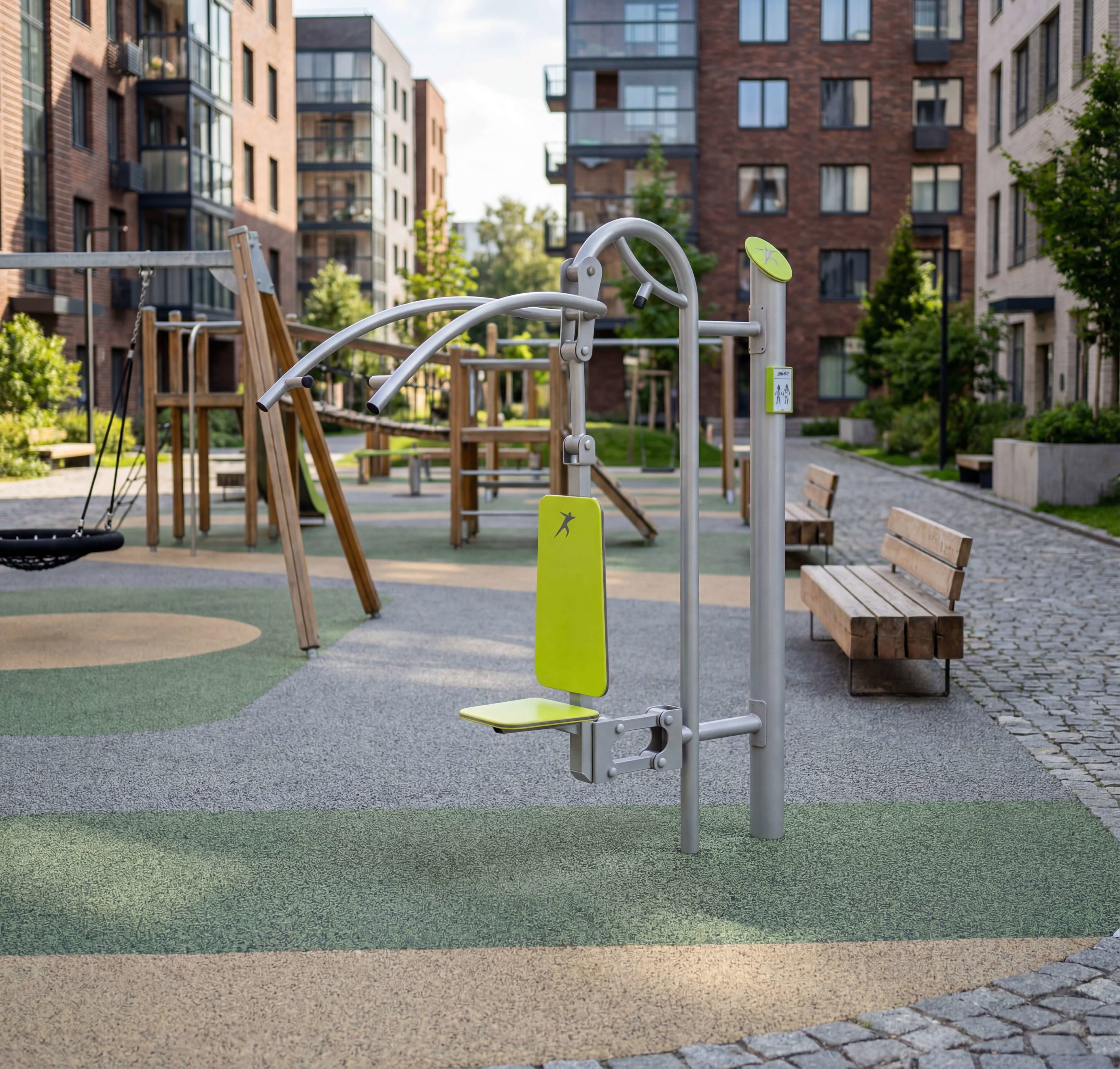 Outdoor fitness station with green accents in modern residential courtyard playground area.