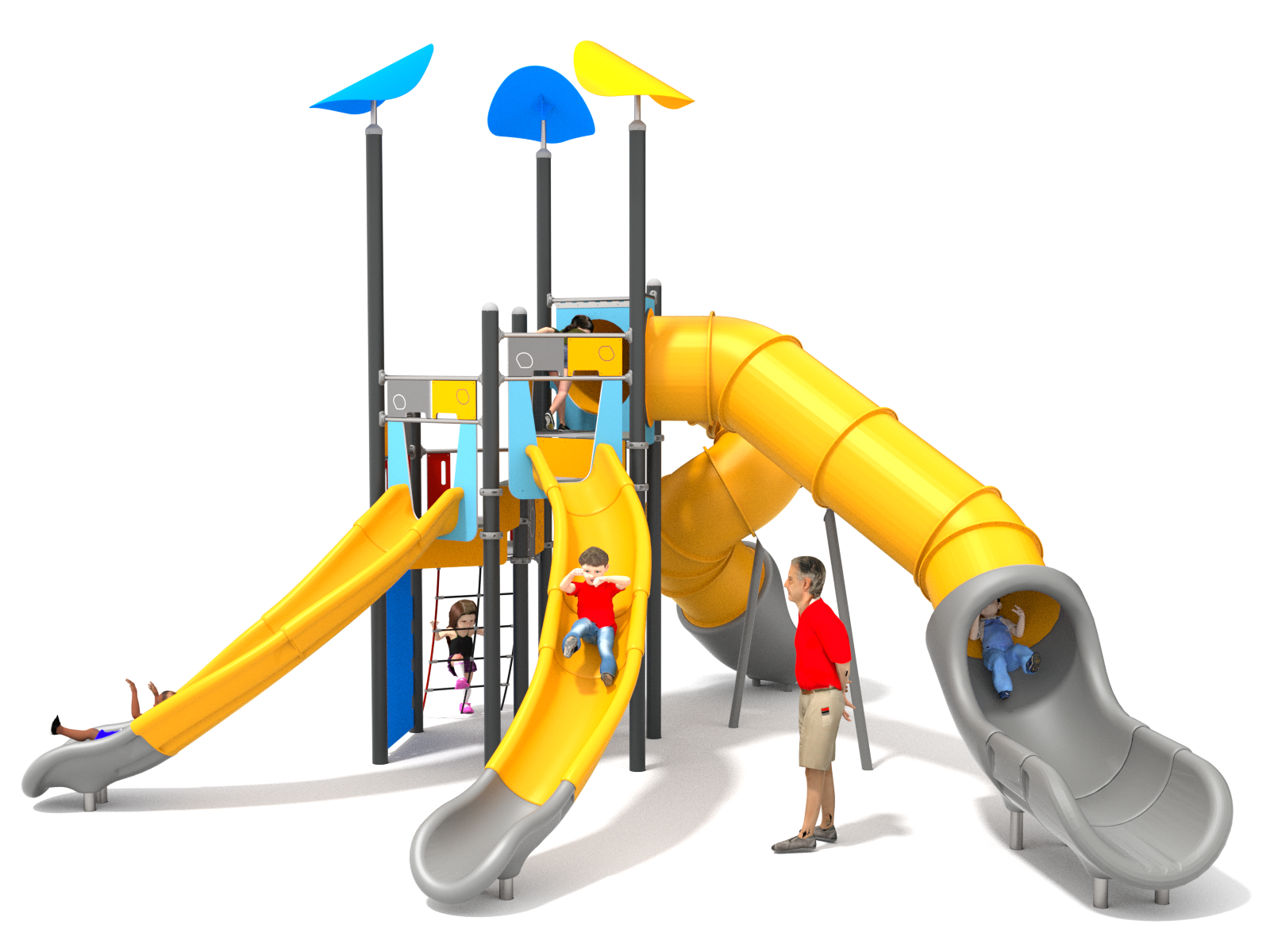 Buntes Spielplatzgerät mit mehreren Rutschen und Kletterstrukturen für Kinder