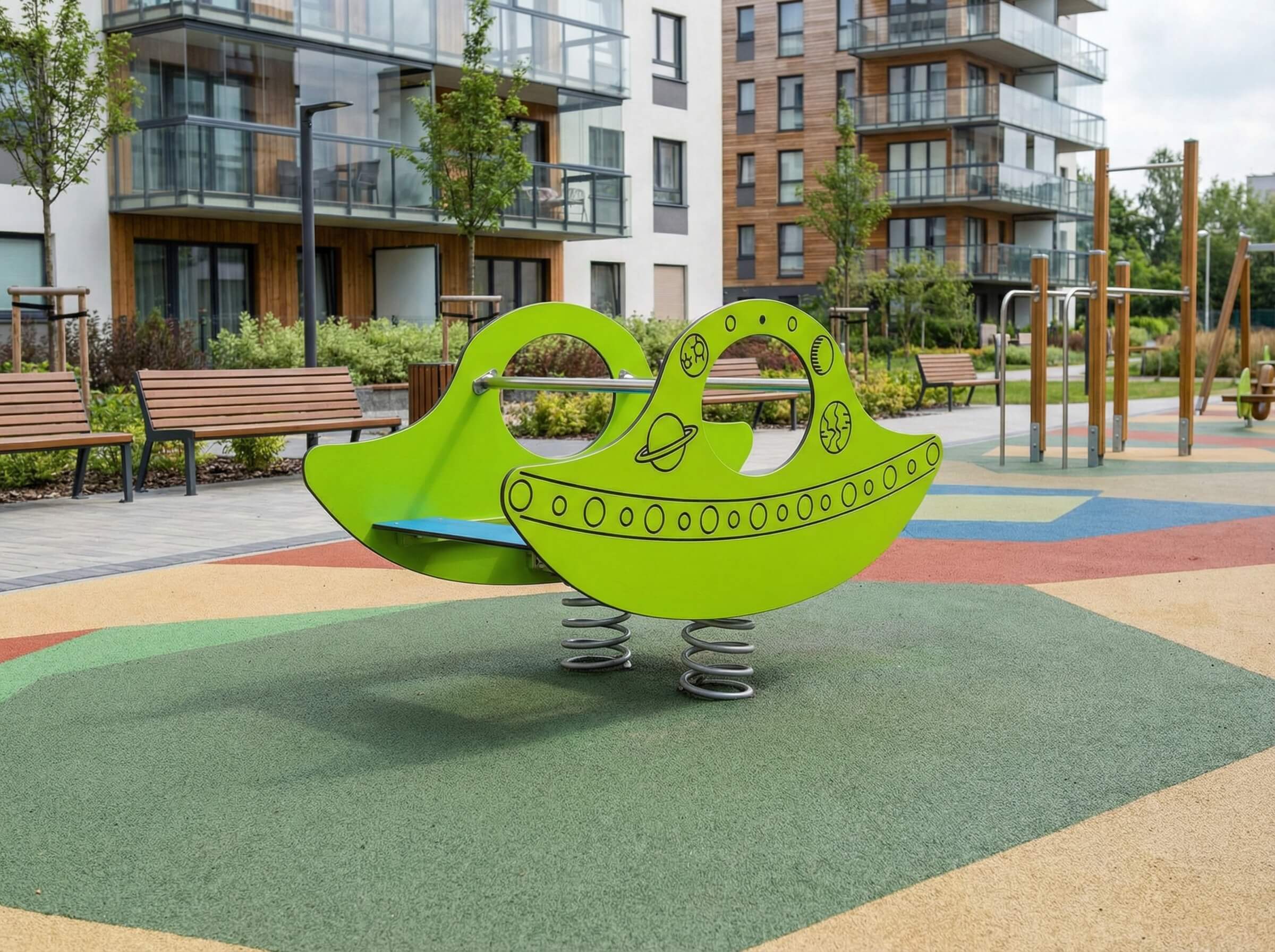 Leuchtend grünes Spielgerät im modernen Kinderbereich vor Wohnhäusern.